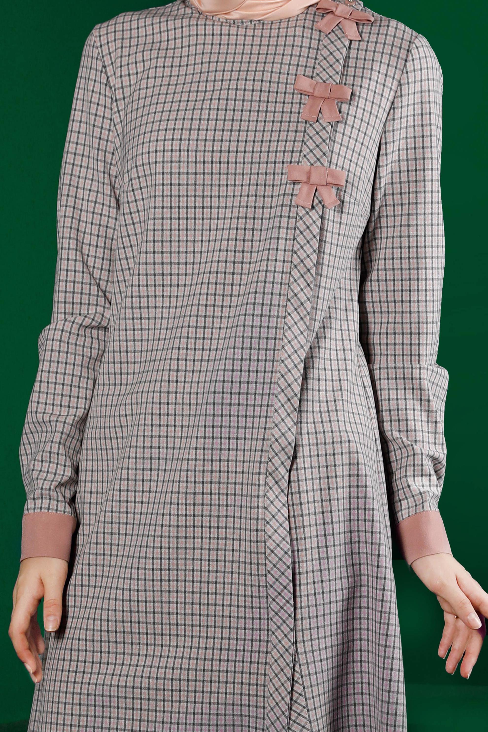 Tesettür giyim PUDRA EKOSE DESEN FİYONK DETAYLI TUNİK 43298 