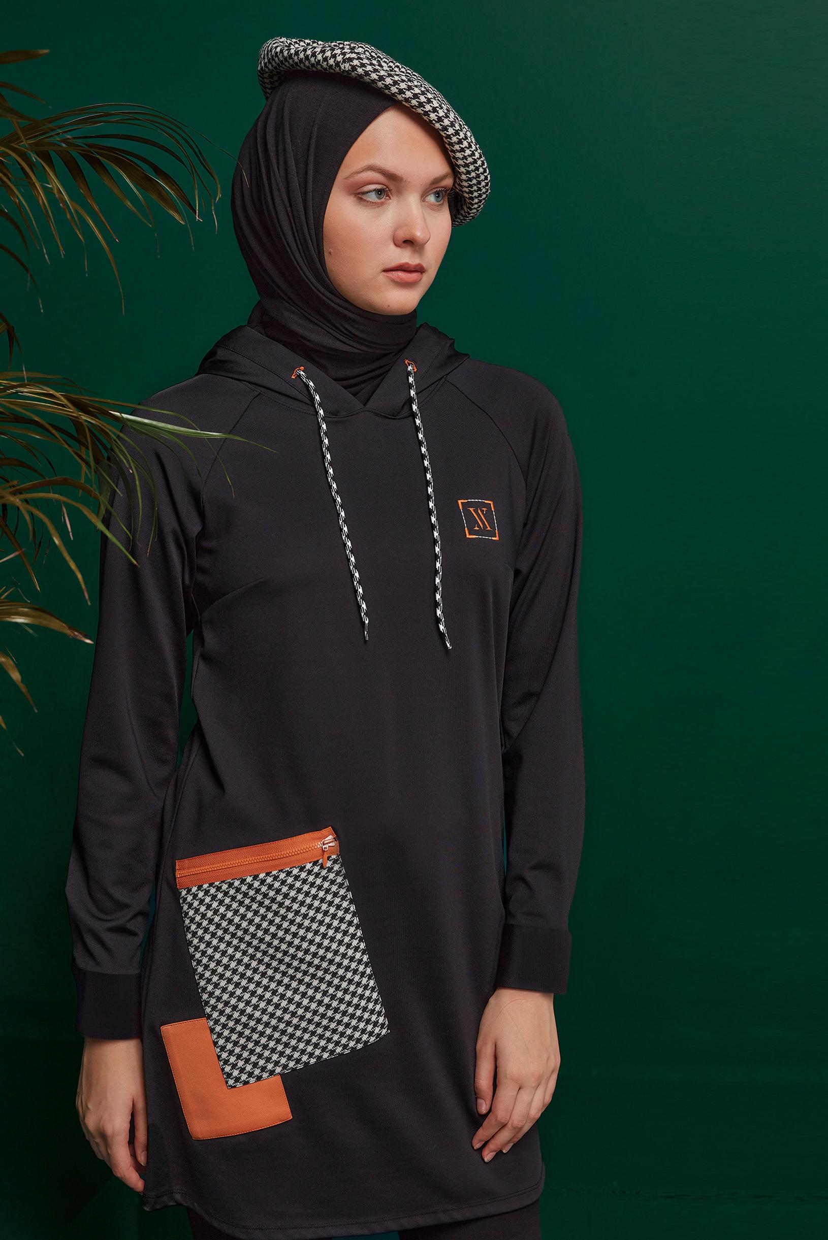 Tesettür giyim SİYAH KAZAYAĞI DETAYLI CEPLİ TUNİK 43299 