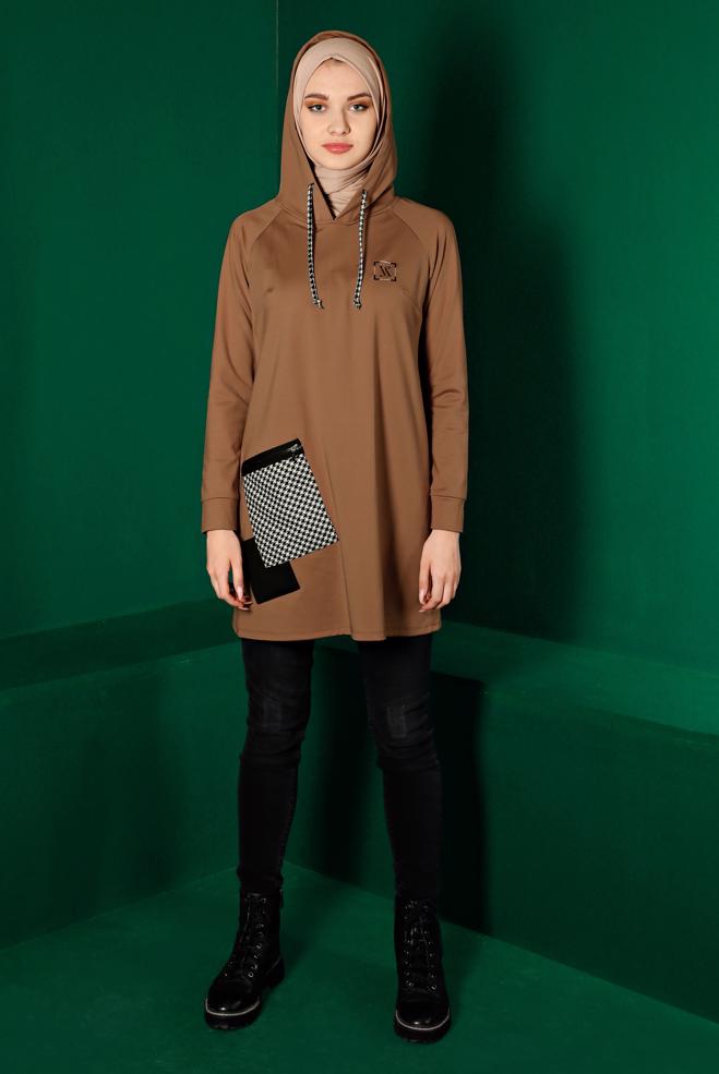 Tesettür giyim KAHVE KAZAYAĞI DETAYLI CEPLİ TUNİK 43299  - ALVİNA