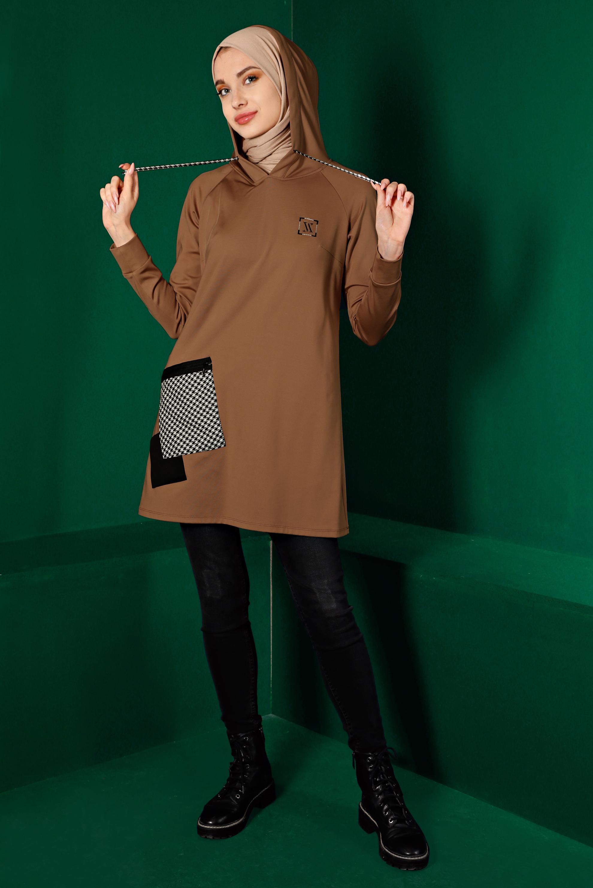 Tesettür giyim KAHVE KAZAYAĞI DETAYLI CEPLİ TUNİK 43299 