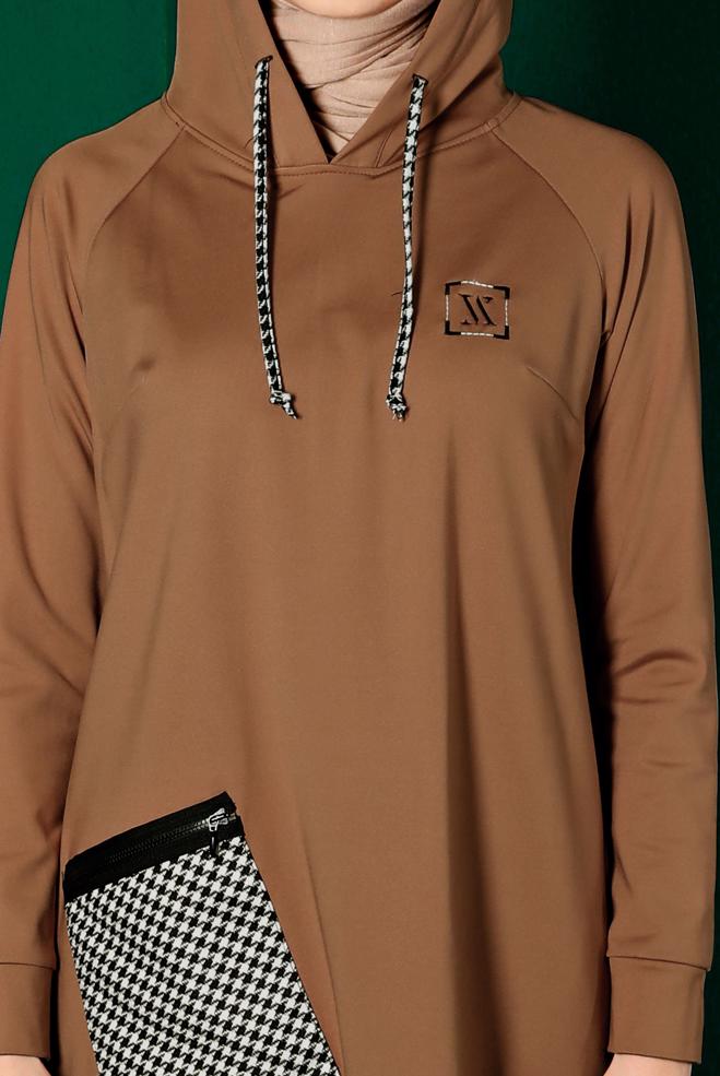 Tesettür giyim KAHVE KAZAYAĞI DETAYLI CEPLİ TUNİK 43299  - ALVİNA