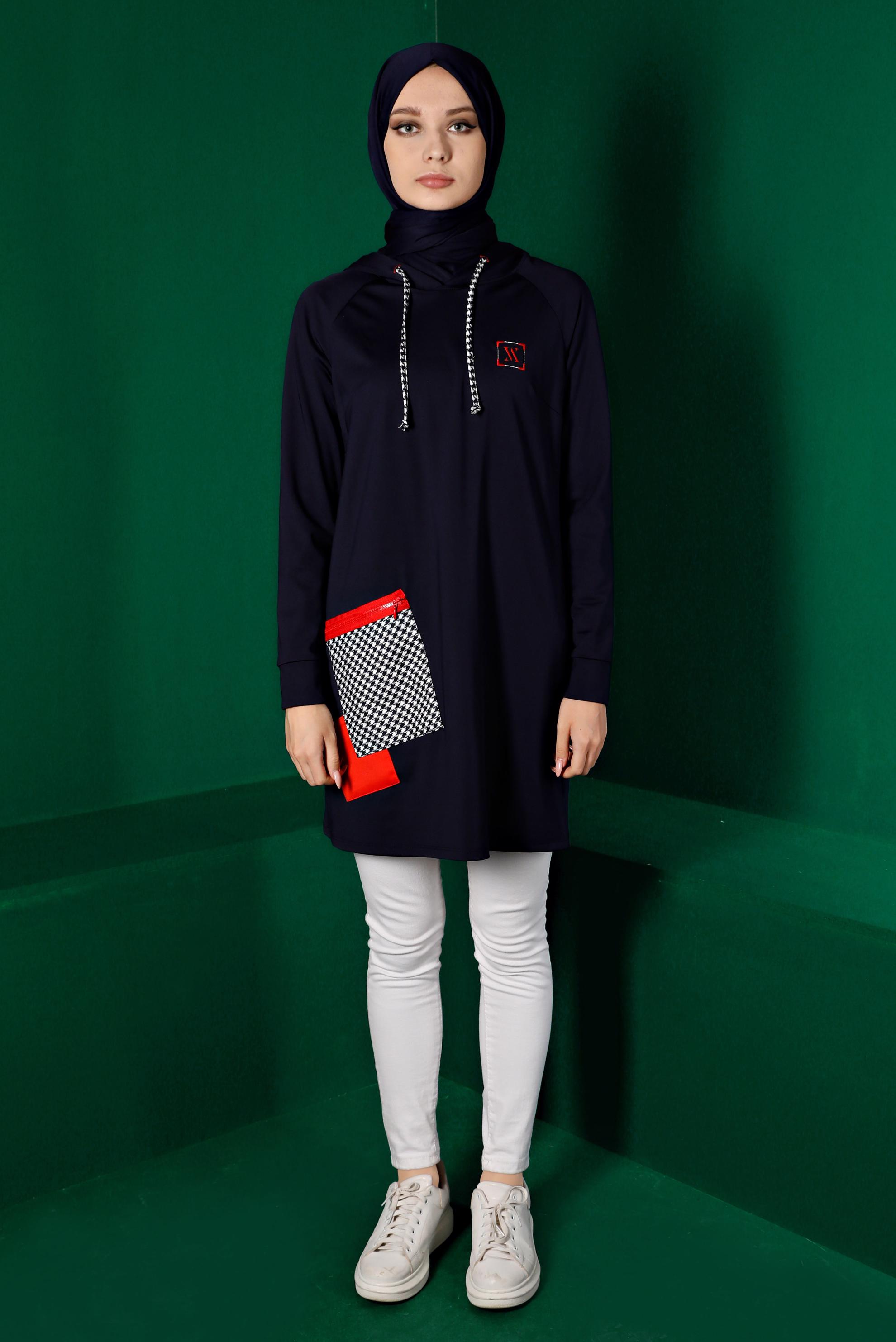 Tesettür giyim LACİVERT KAZAYAĞI DETAYLI CEPLİ TUNİK 43299 