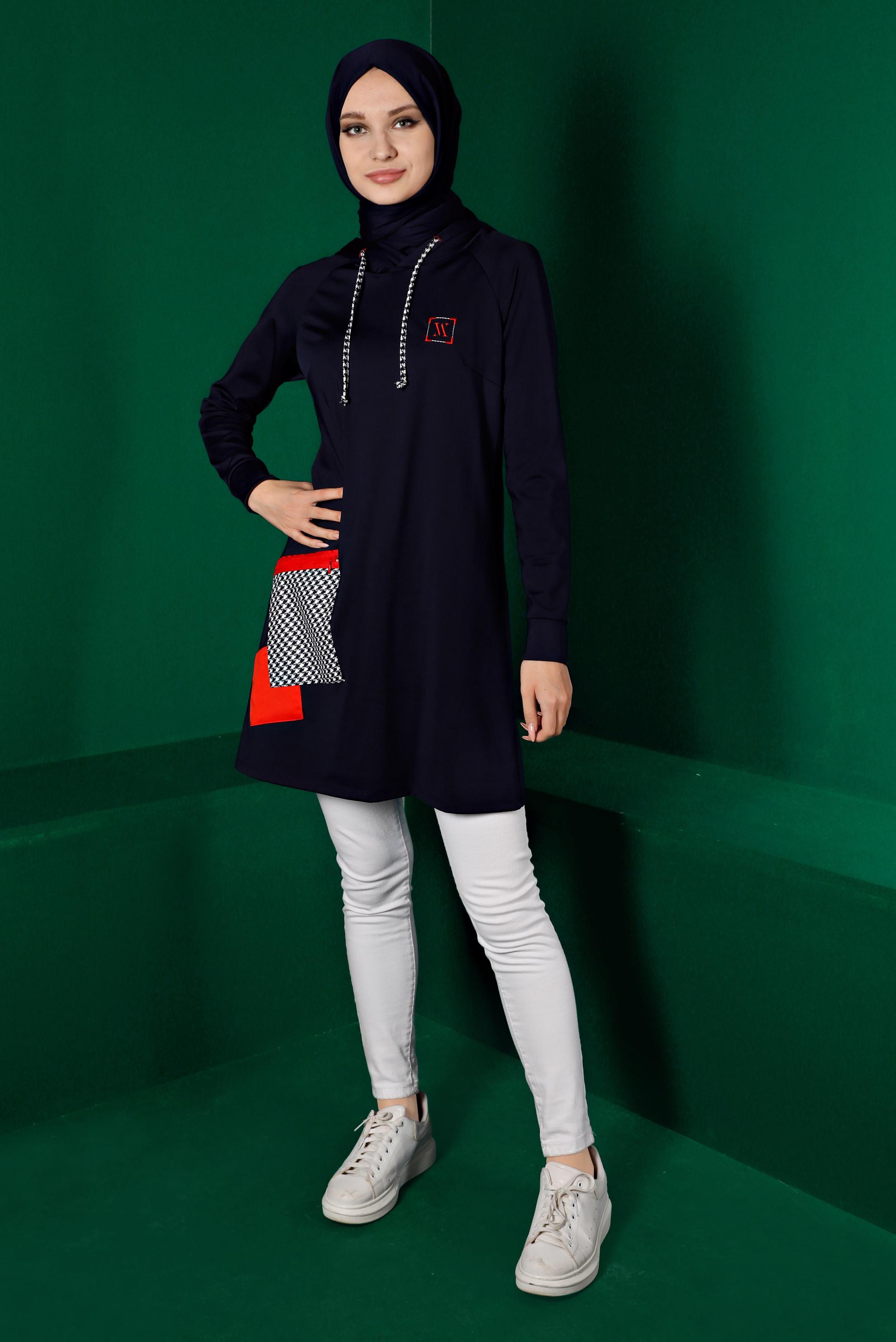 Tesettür giyim LACİVERT KAZAYAĞI DETAYLI CEPLİ TUNİK 43299 