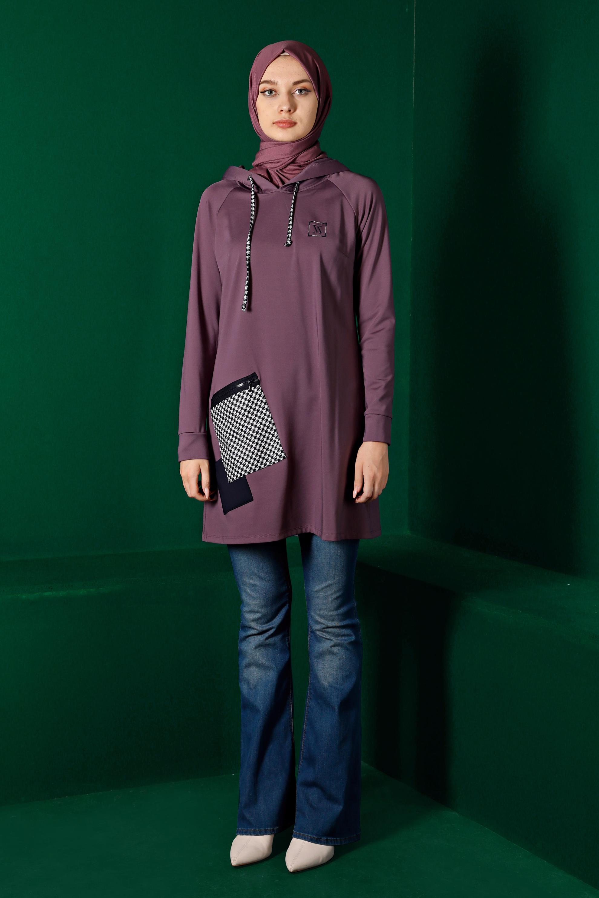 Tesettür giyim MOR KAZAYAĞI DETAYLI CEPLİ TUNİK 43299 