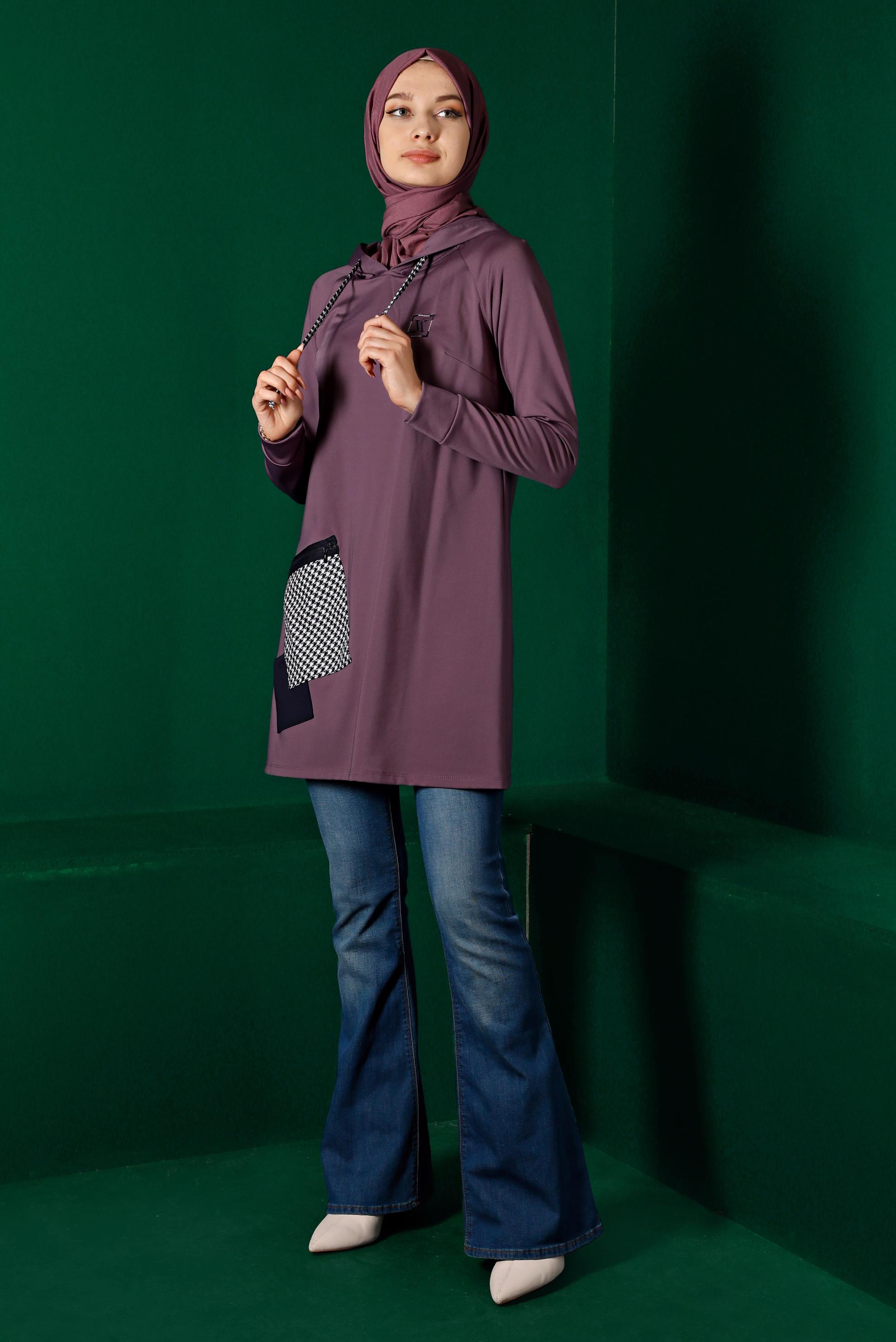 Tesettür giyim MOR KAZAYAĞI DETAYLI CEPLİ TUNİK 43299 