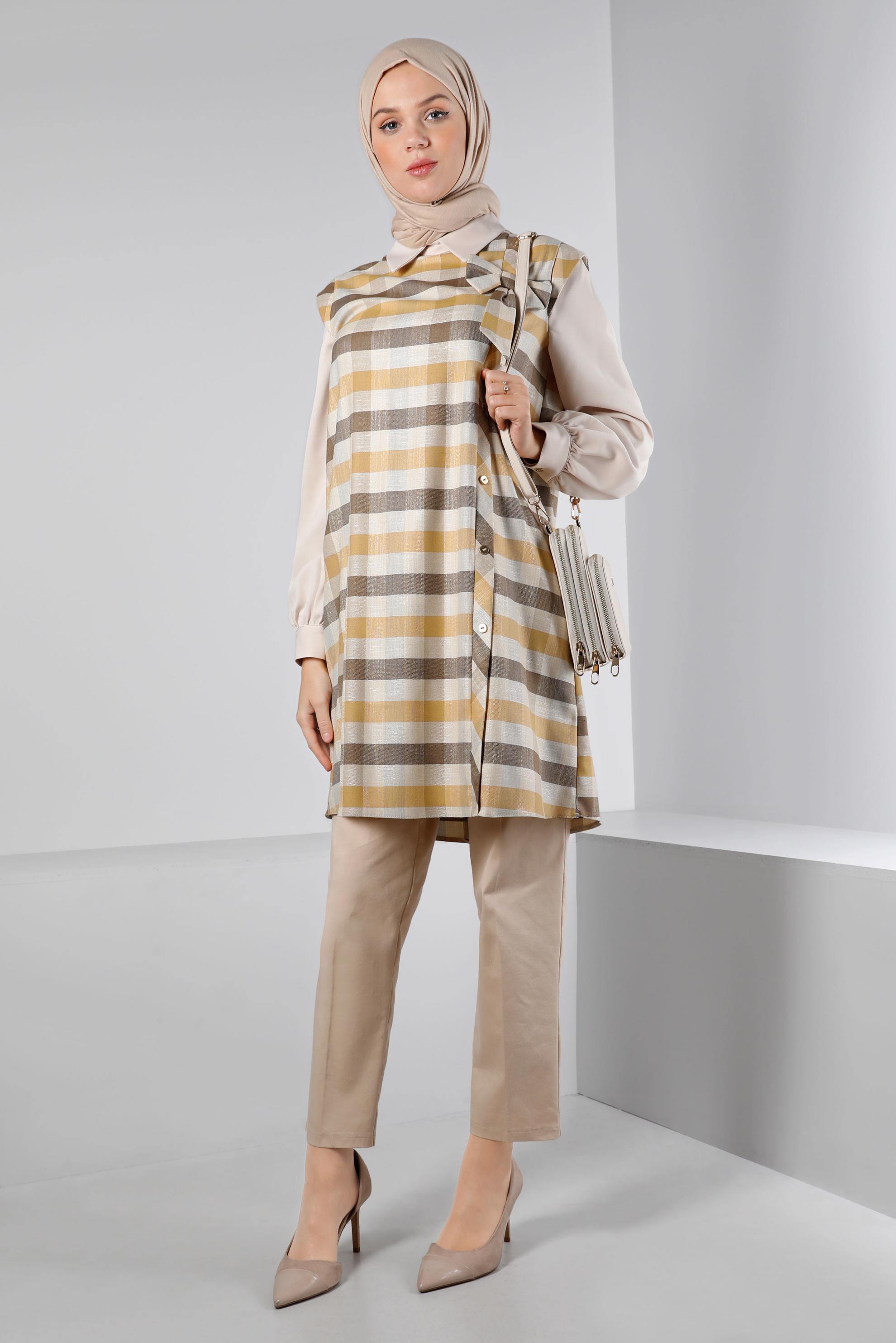 Tesettür giyim SARI FİYONK DETAYLI DÜĞMELİ TUNİK 43311