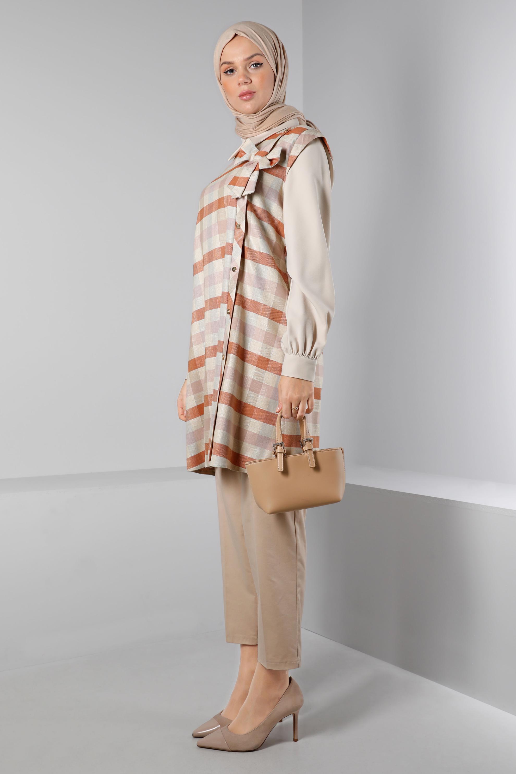 Tesettür giyim TURUNCU FİYONK DETAYLI DÜĞMELİ TUNİK 43311