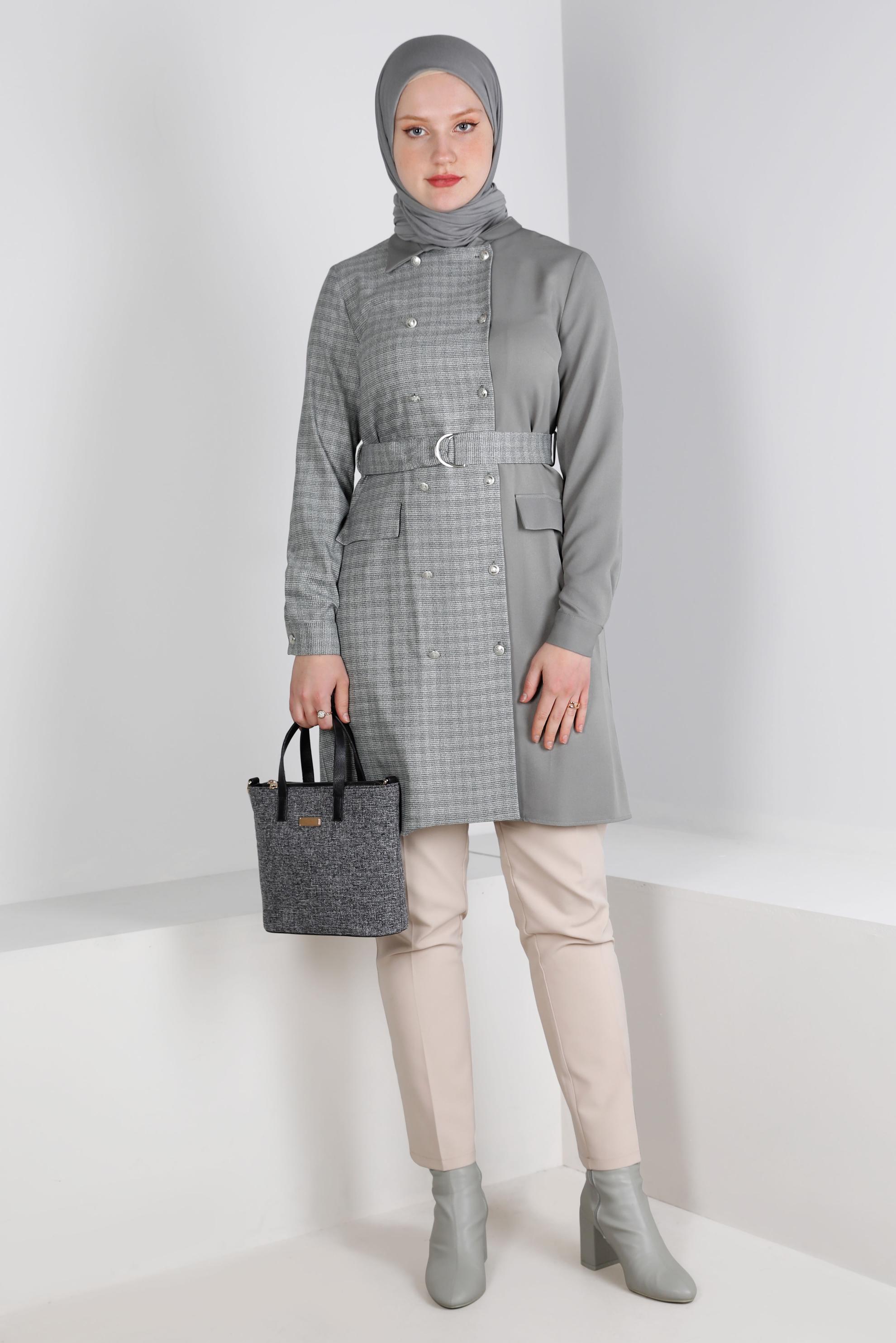 Vêtements hijab GRIS TUNIQUE À CARREAUX AVEC CEINTURE 43312