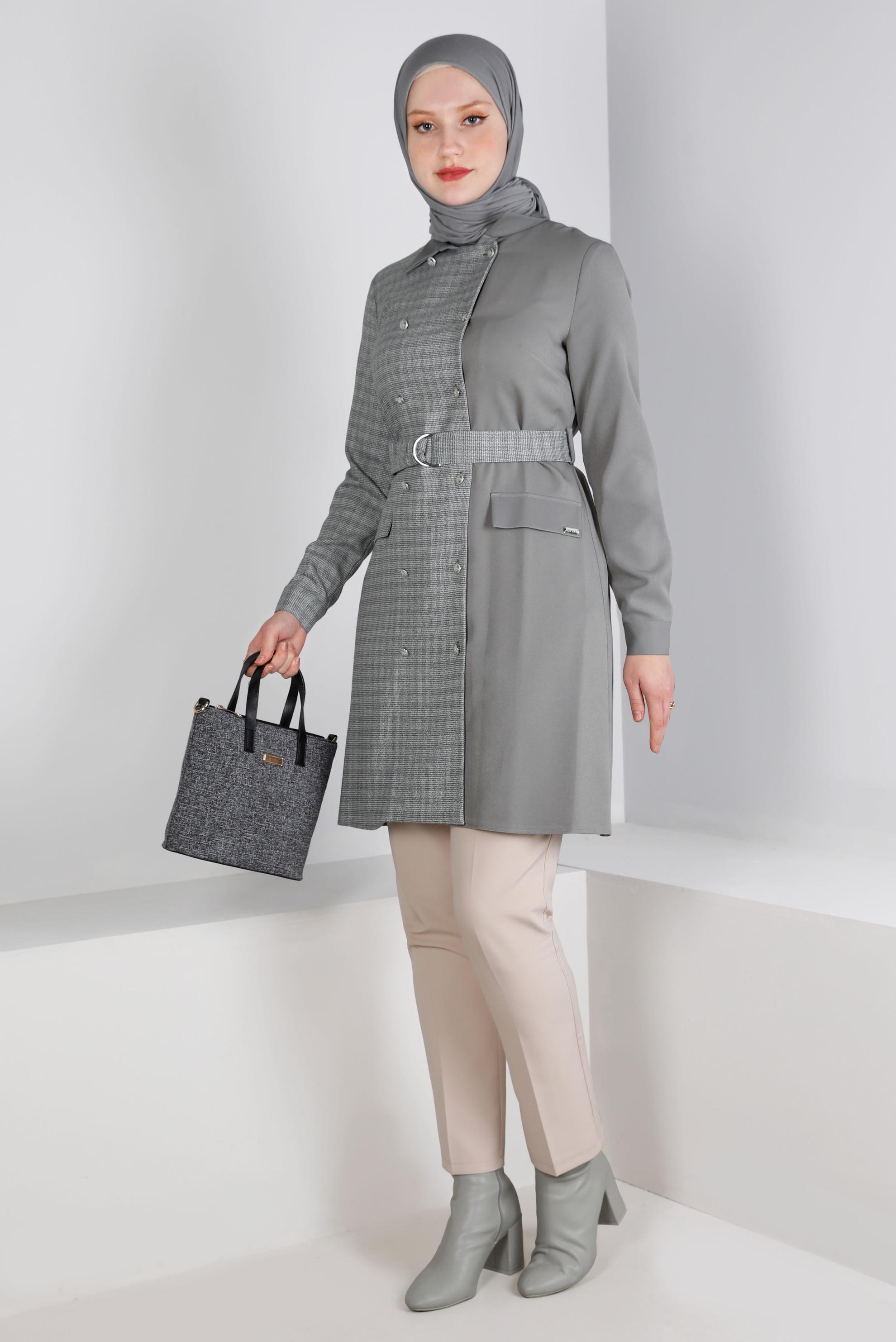 Vêtements hijab GRIS TUNIQUE À CARREAUX AVEC CEINTURE 43312