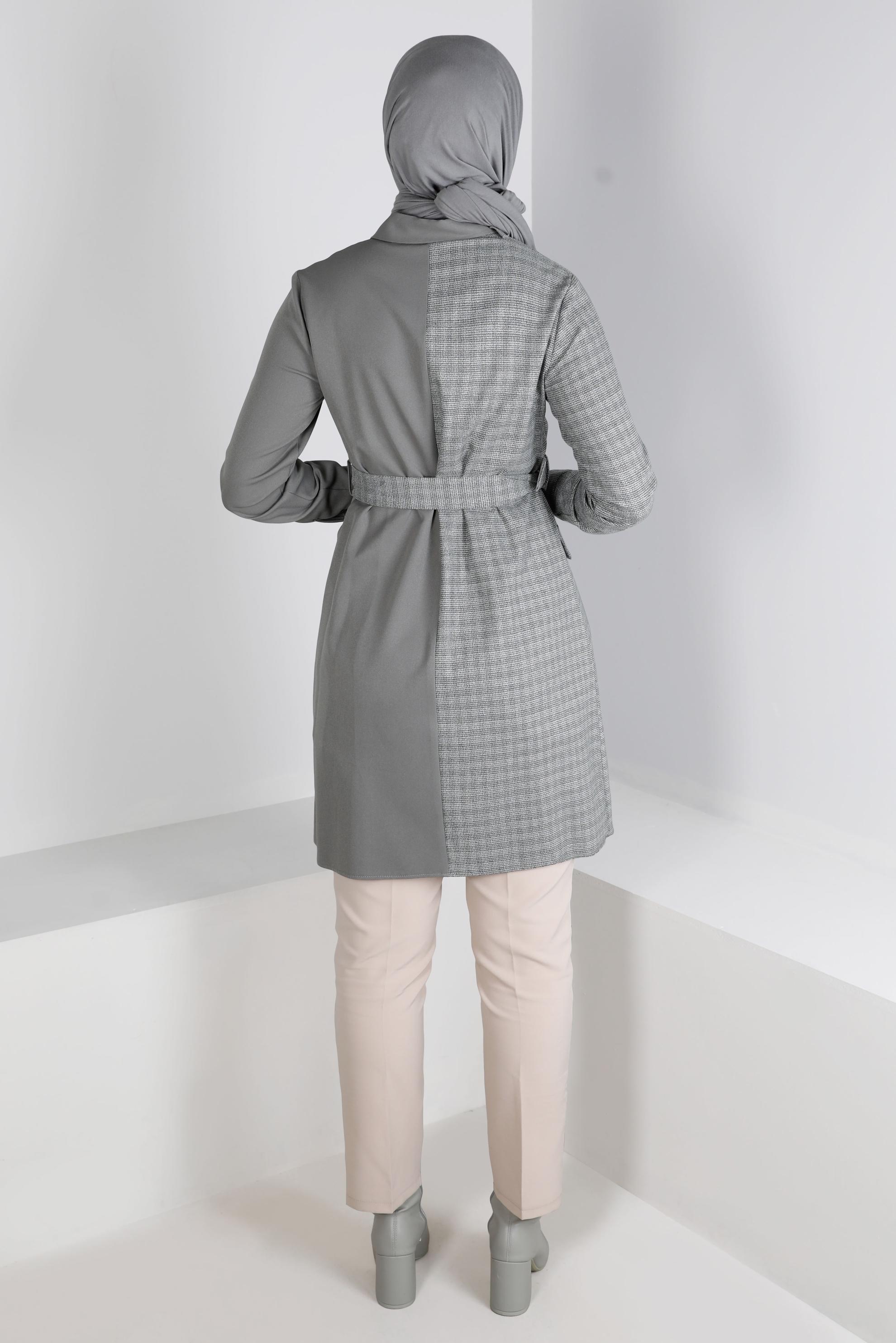 Vêtements hijab GRIS TUNIQUE À CARREAUX AVEC CEINTURE 43312