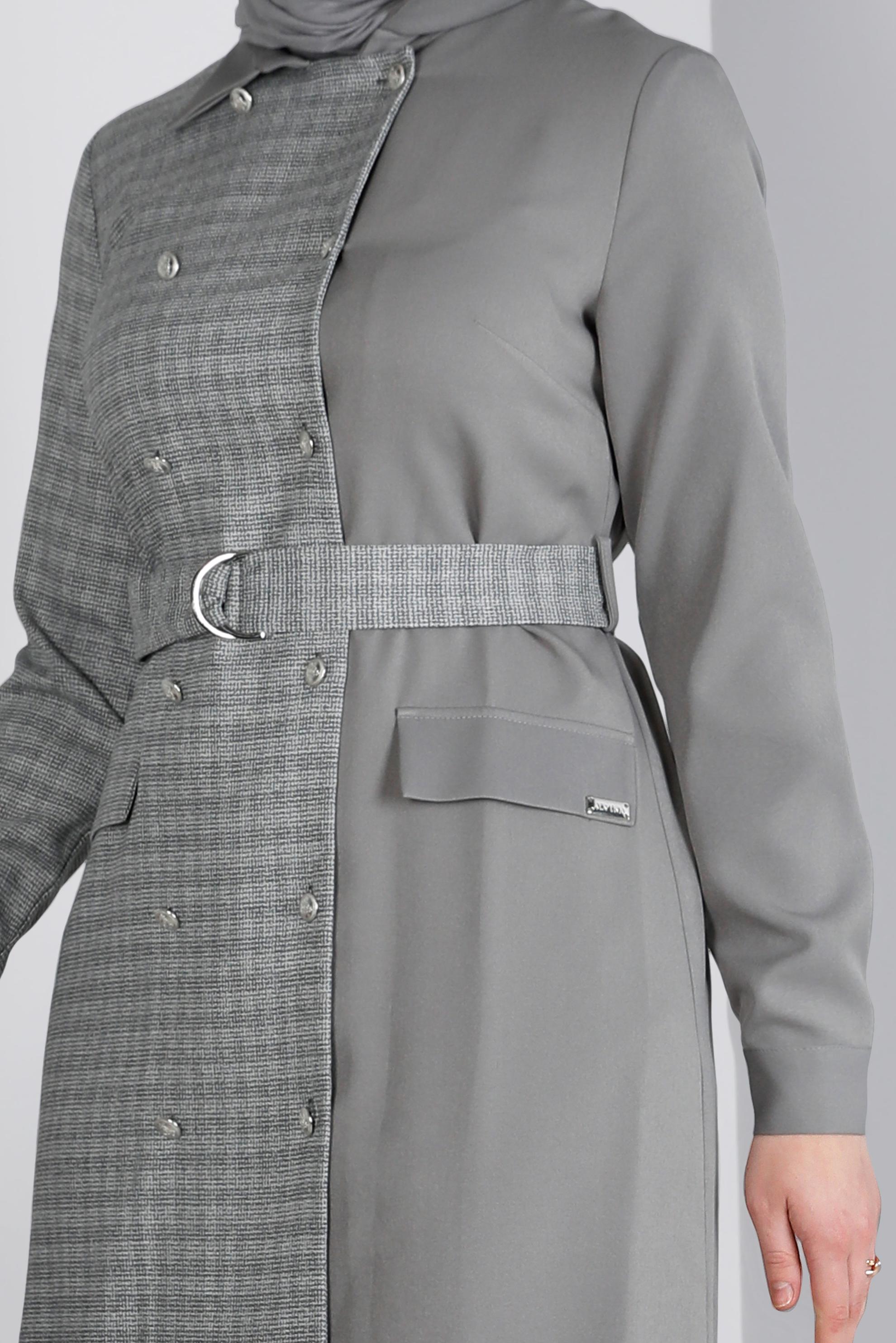 Vêtements hijab GRIS TUNIQUE À CARREAUX AVEC CEINTURE 43312