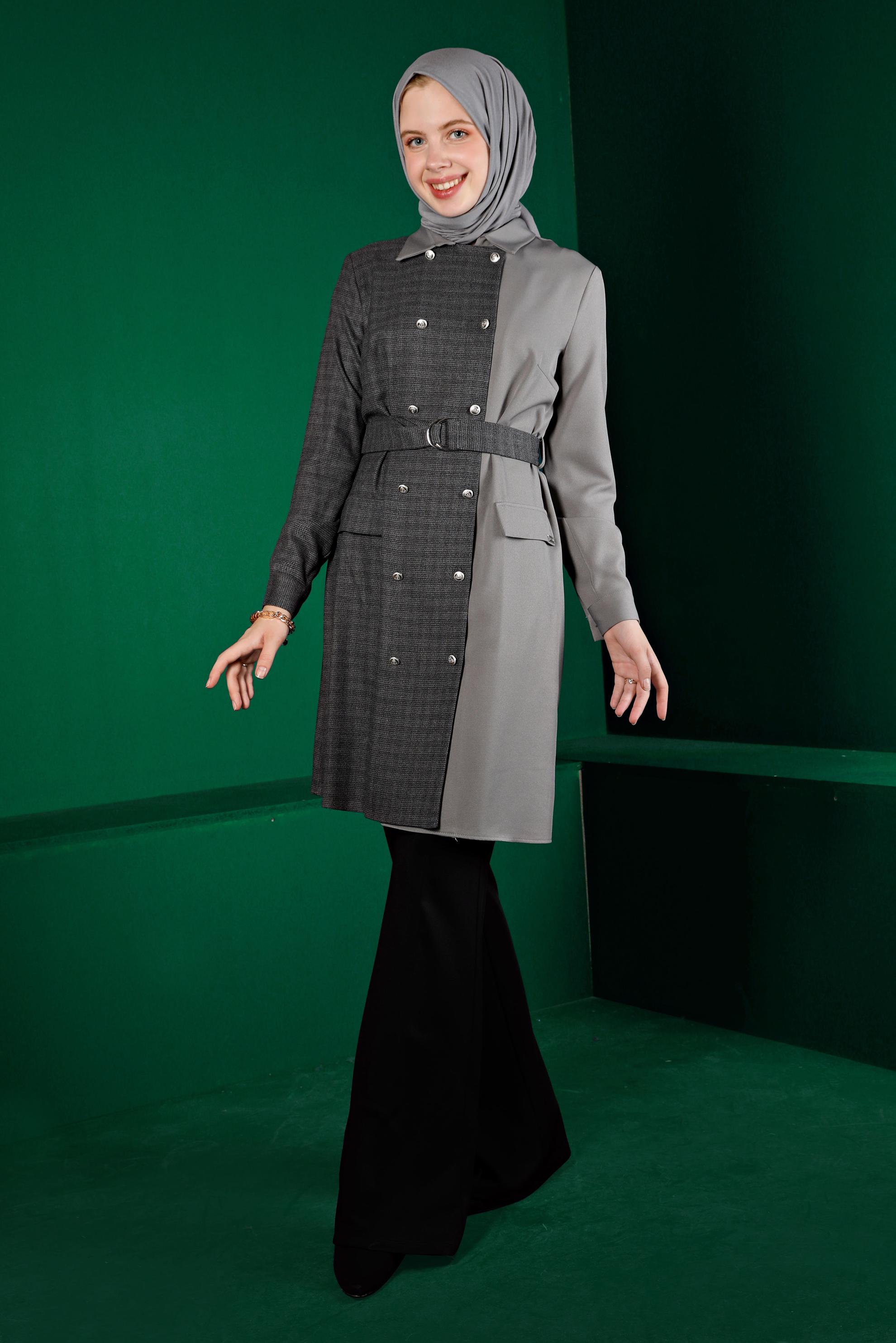 Tesettür giyim GRİ EKOSE DETAYLI KEMERLİ TUNİK 43312
