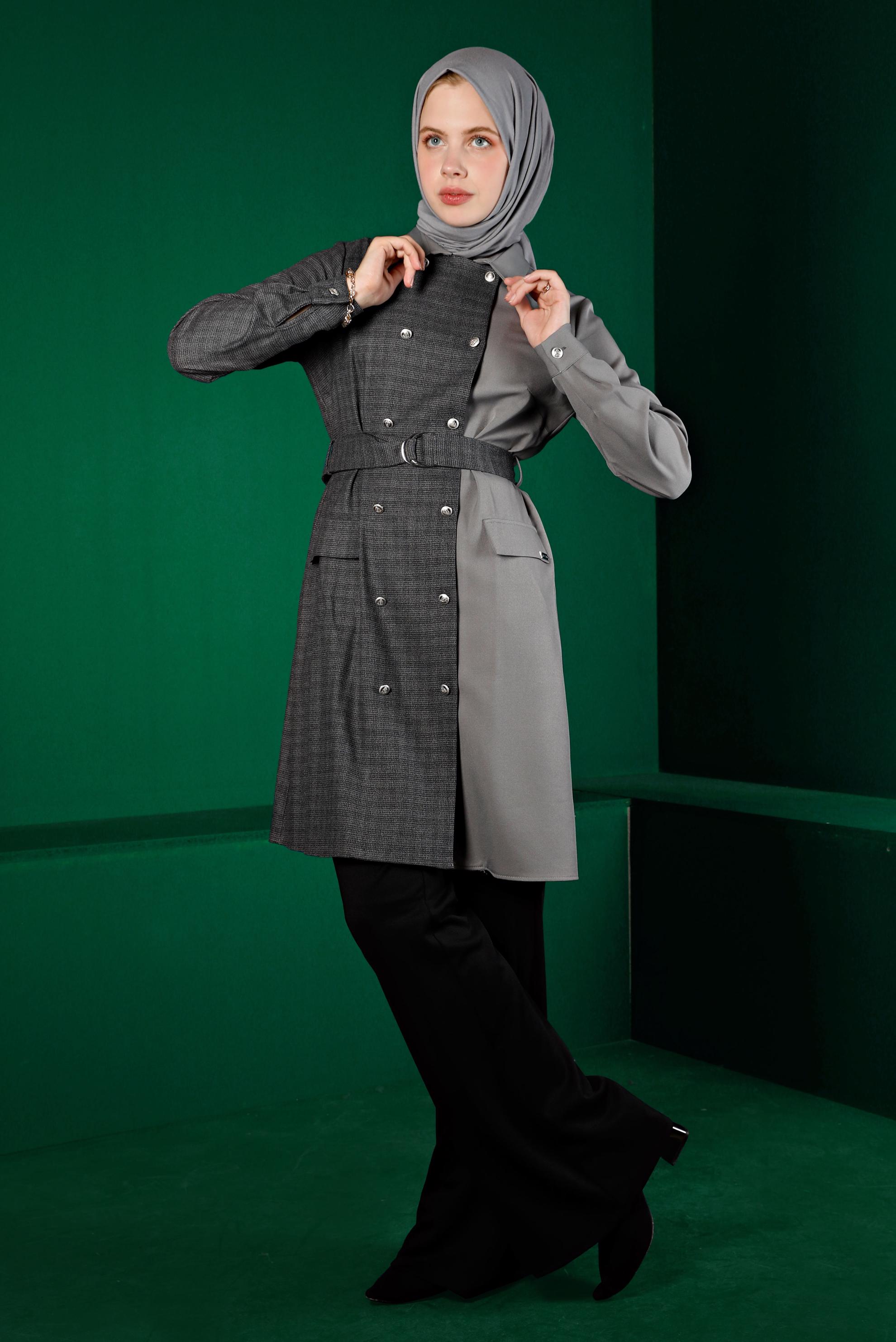 Tesettür giyim GRİ EKOSE DETAYLI KEMERLİ TUNİK 43312