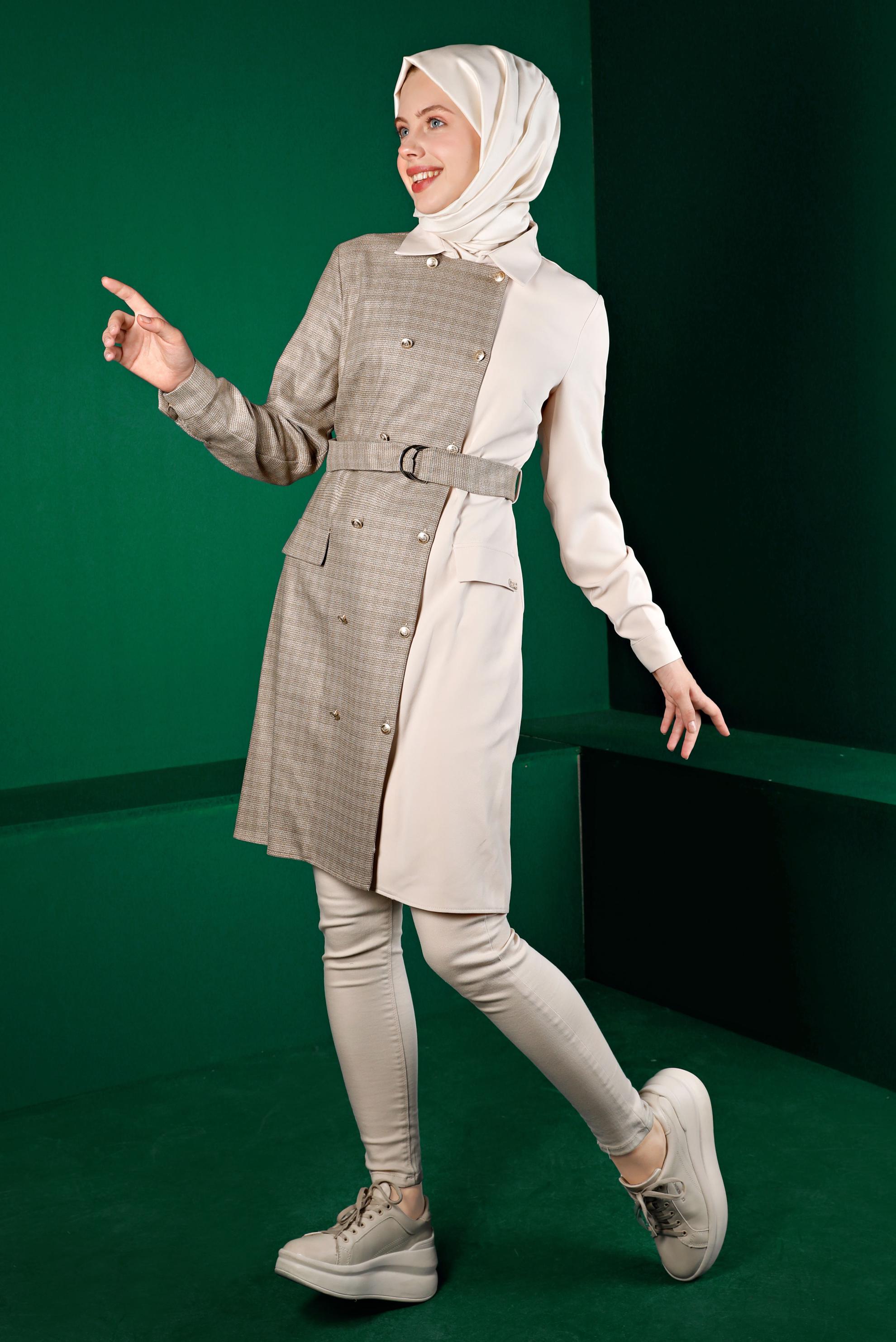 Tesettür giyim KAHVE EKOSE DETAYLI KEMERLİ TUNİK 43312