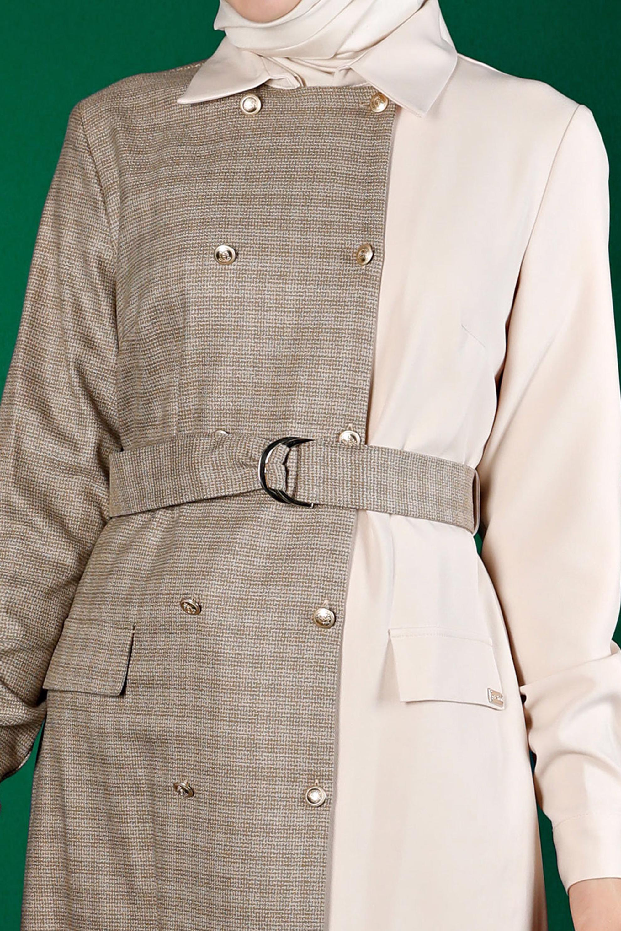 Tesettür giyim KAHVE EKOSE DETAYLI KEMERLİ TUNİK 43312