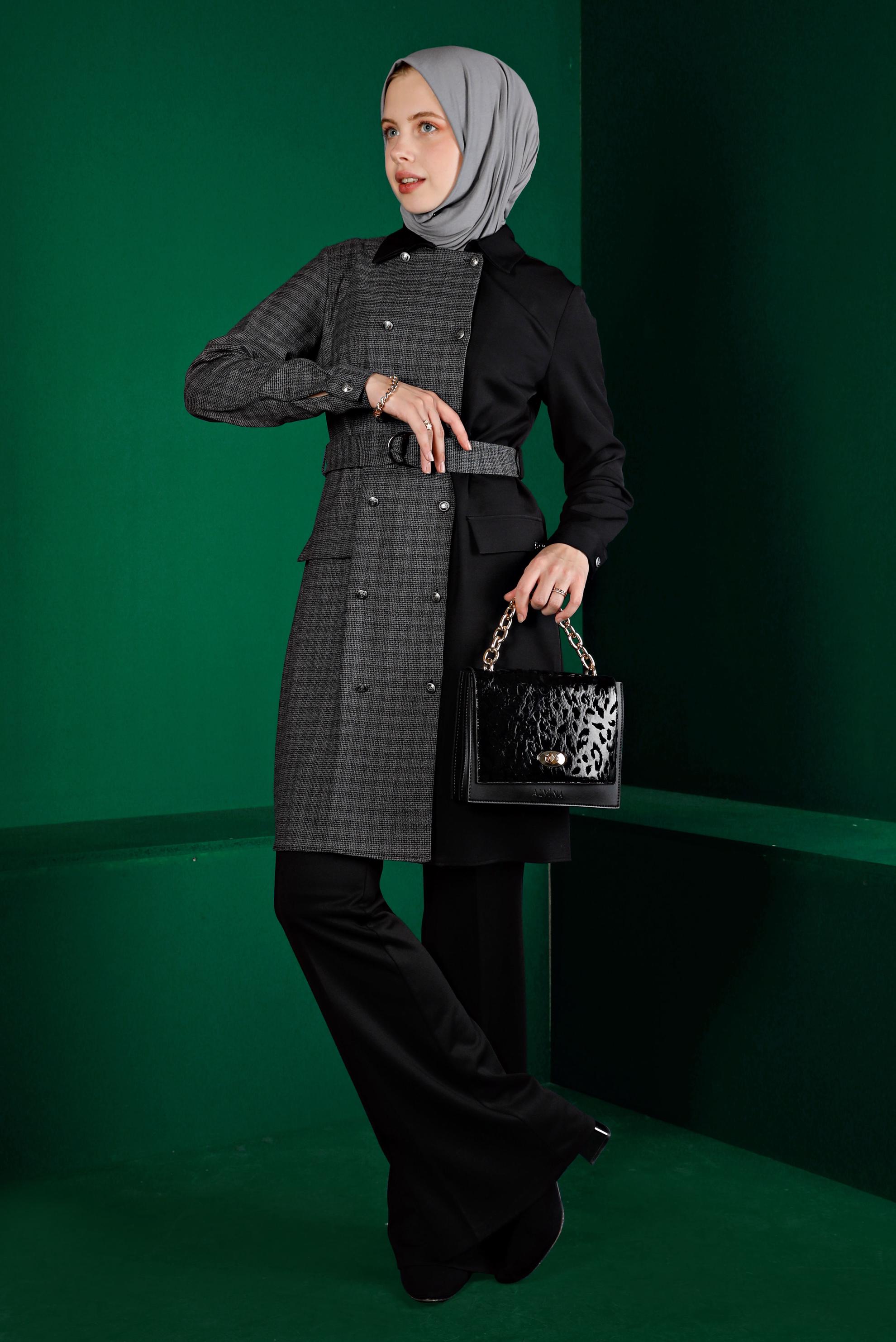 Tesettür giyim GRİ EKOSE DETAYLI KEMERLİ TUNİK 43312