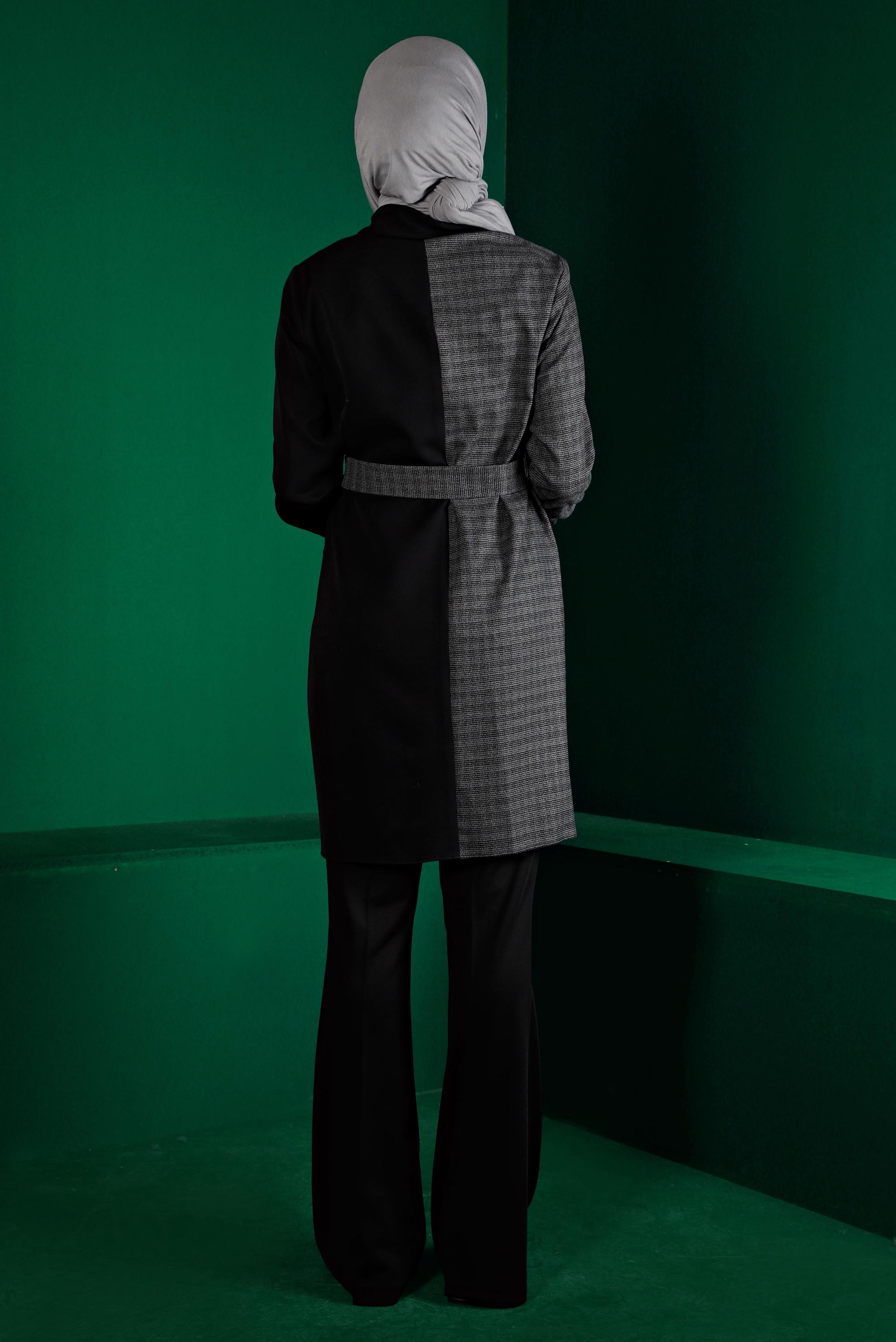 Tesettür giyim GRİ EKOSE DETAYLI KEMERLİ TUNİK 43312