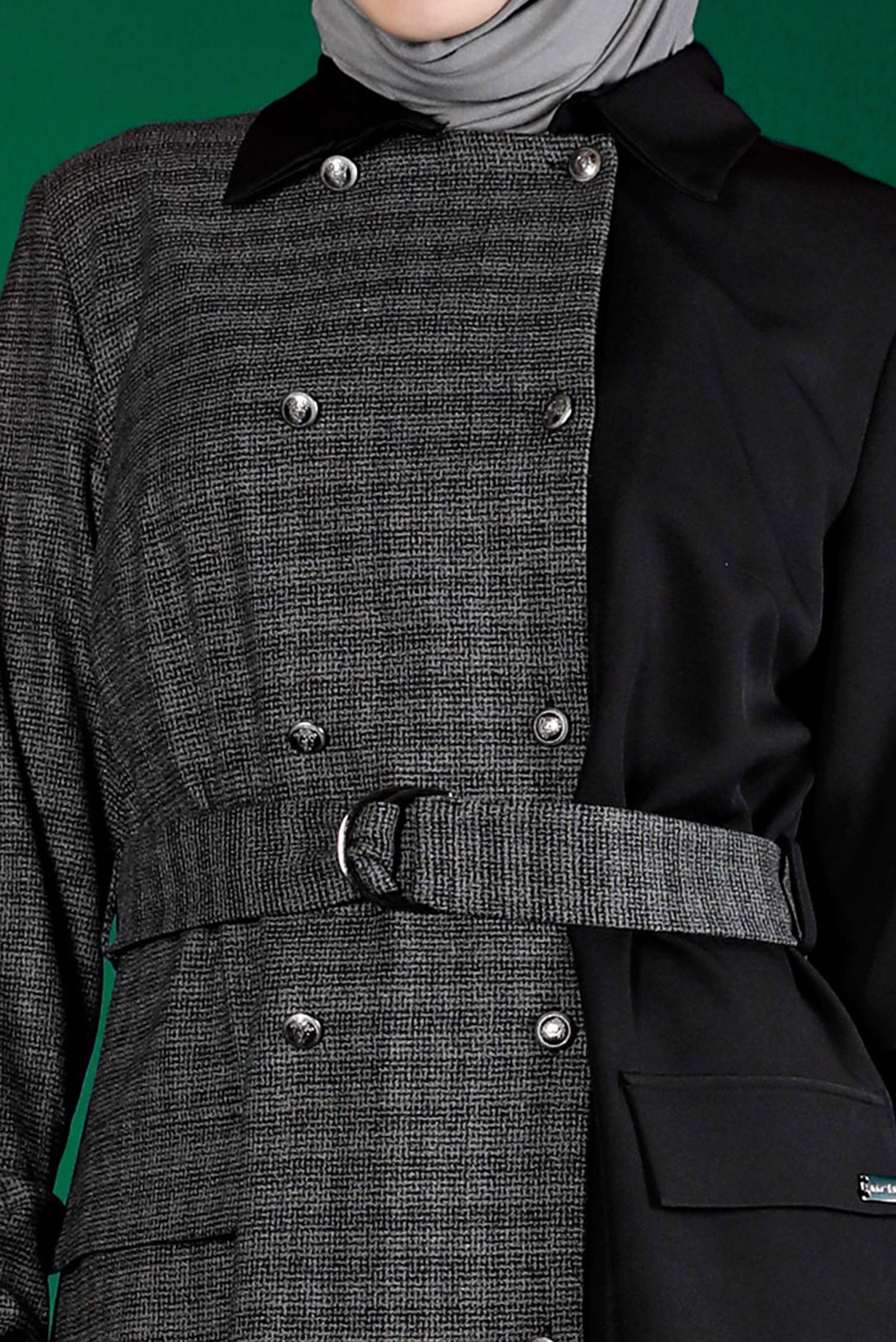 Tesettür giyim GRİ EKOSE DETAYLI KEMERLİ TUNİK 43312