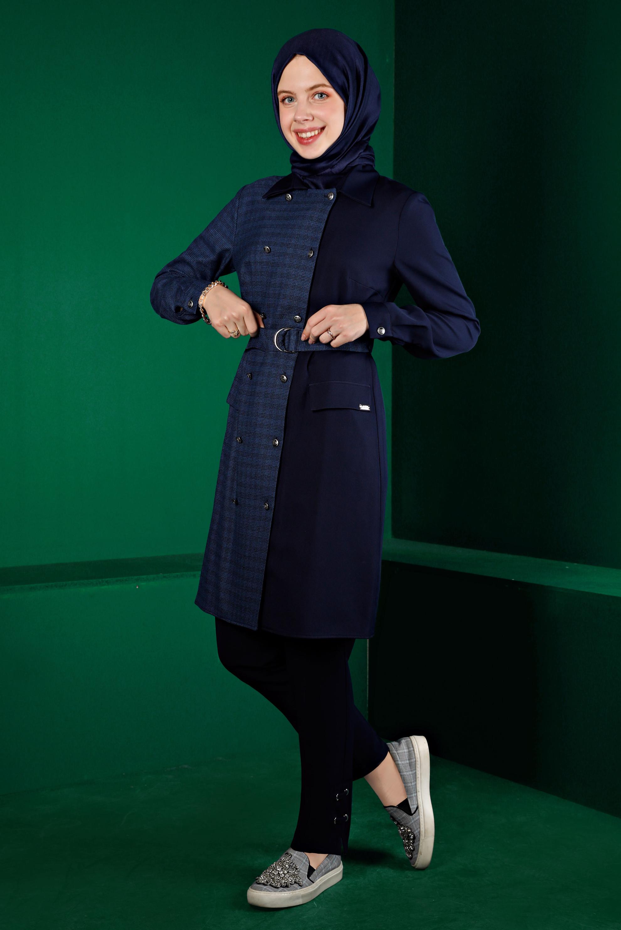 Tesettür giyim LACİVERT EKOSE DETAYLI KEMERLİ TUNİK 43312