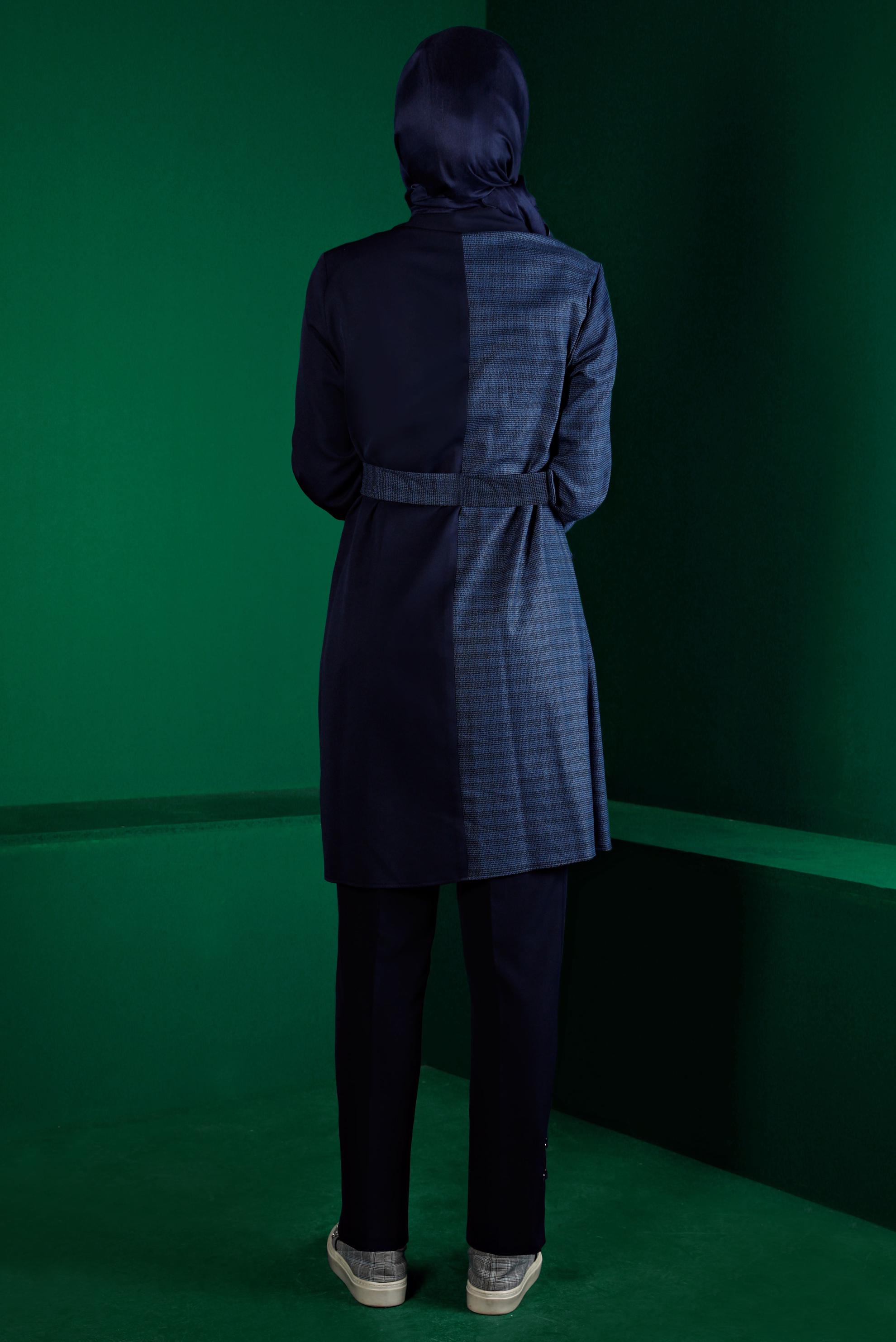 Tesettür giyim LACİVERT EKOSE DETAYLI KEMERLİ TUNİK 43312