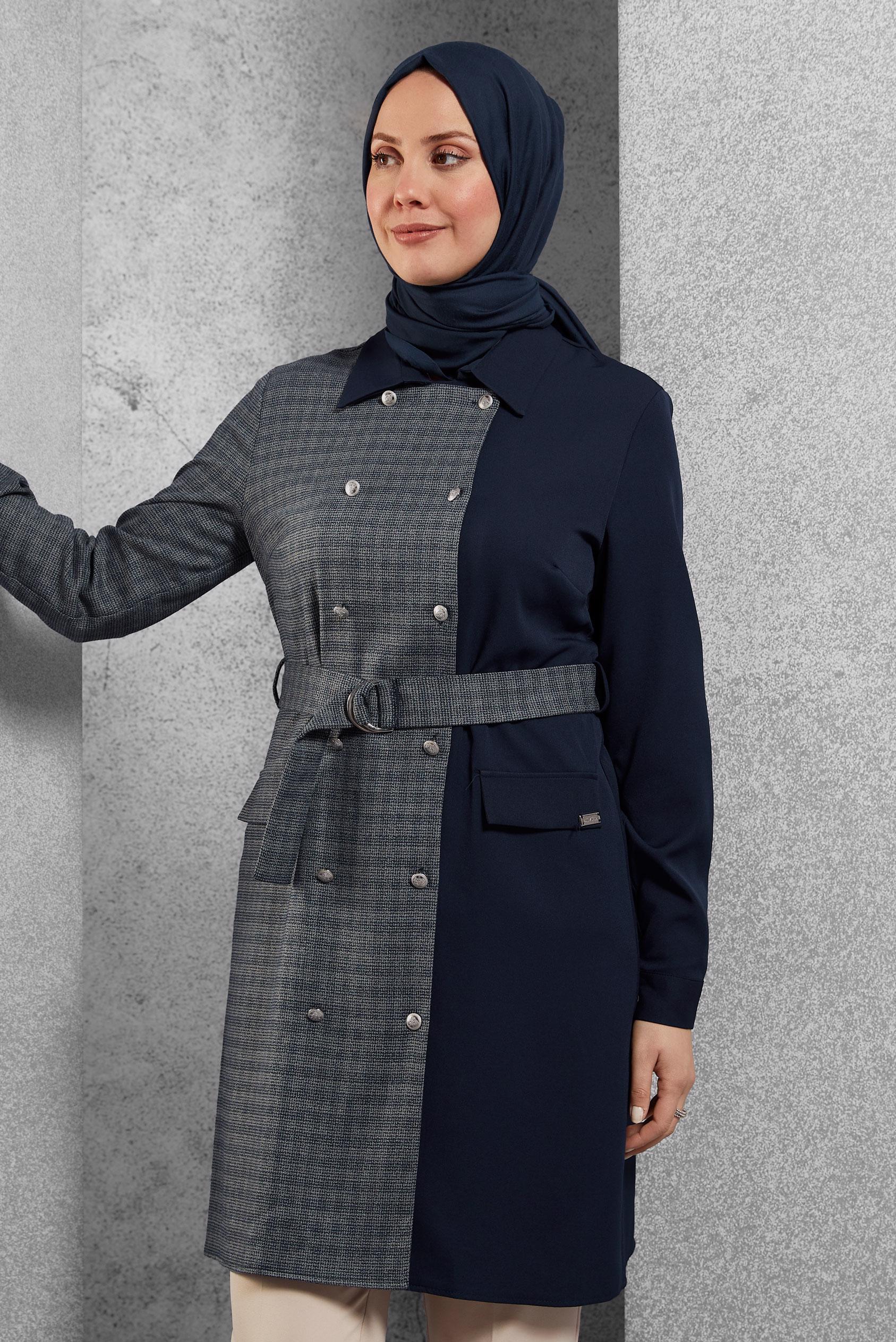 Tesettür giyim LACİVERT EKOSE DETAYLI KEMERLİ TUNİK 43312