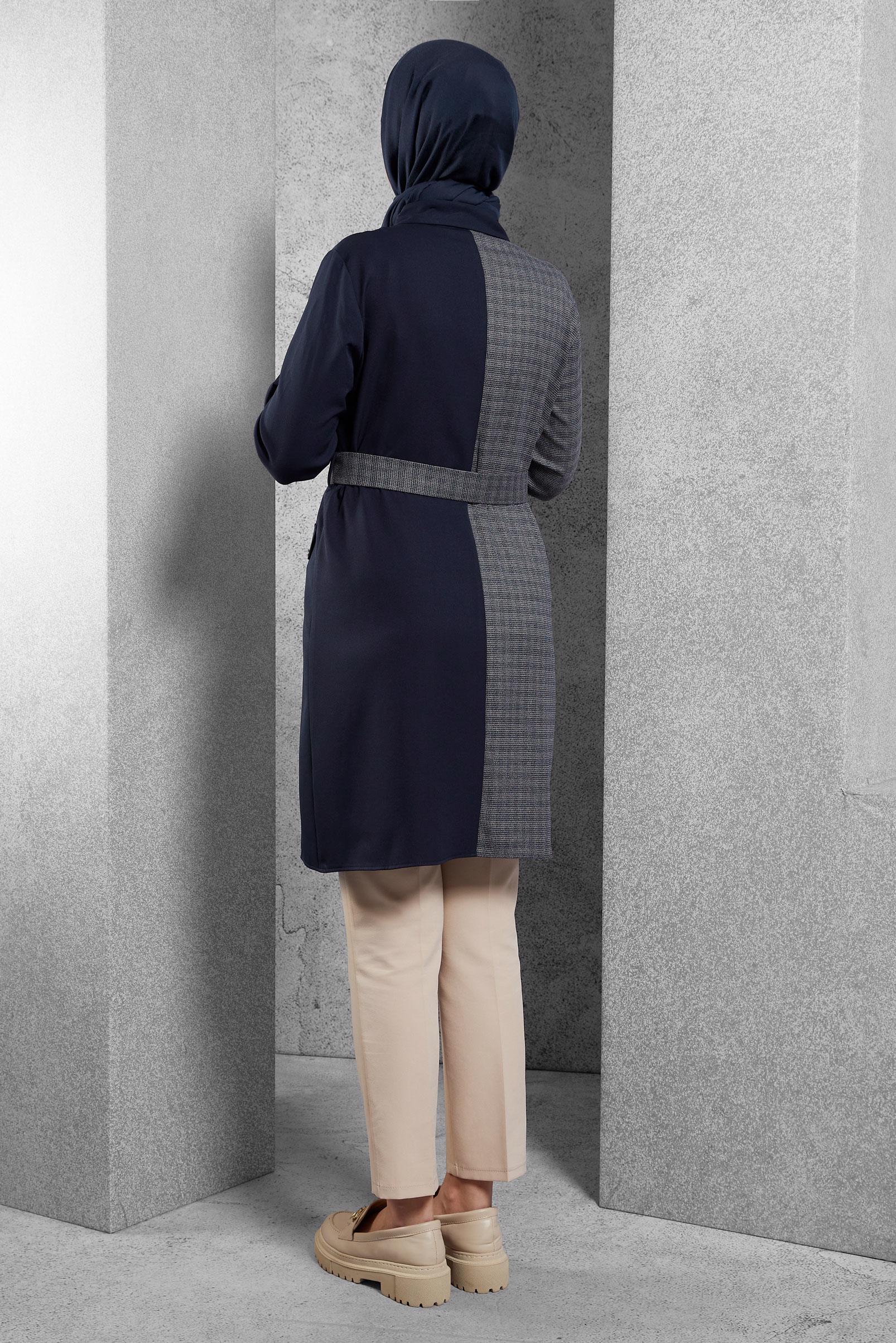 Tesettür giyim LACİVERT EKOSE DETAYLI KEMERLİ TUNİK 43312