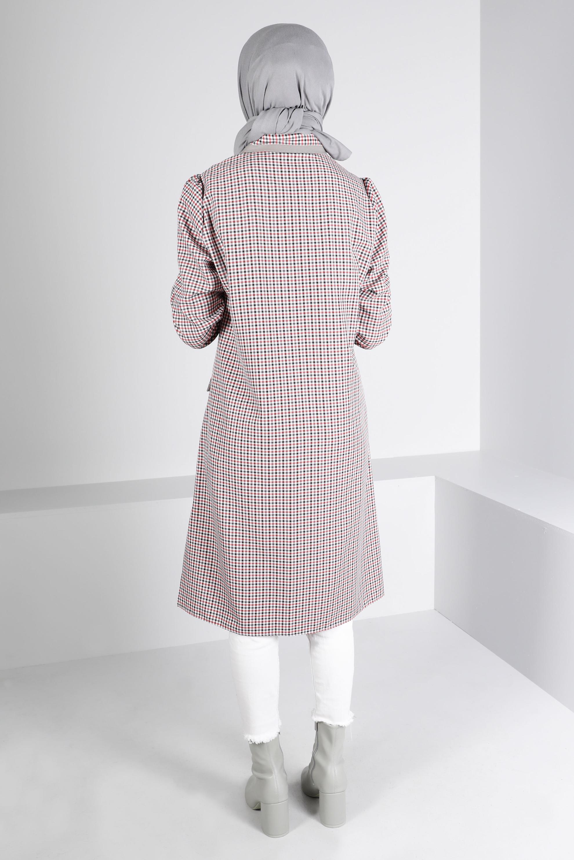 Tesettür giyim KIRMIZI PÖTİKARE DESEN CEPLİ TUNİK 43313 