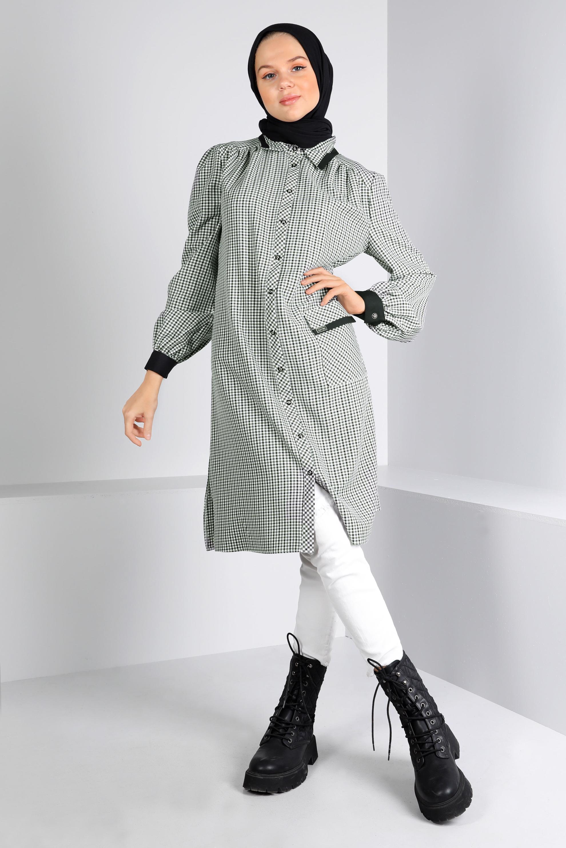 Tesettür giyim HAKİ PÖTİKARE DESEN CEPLİ TUNİK 43313 