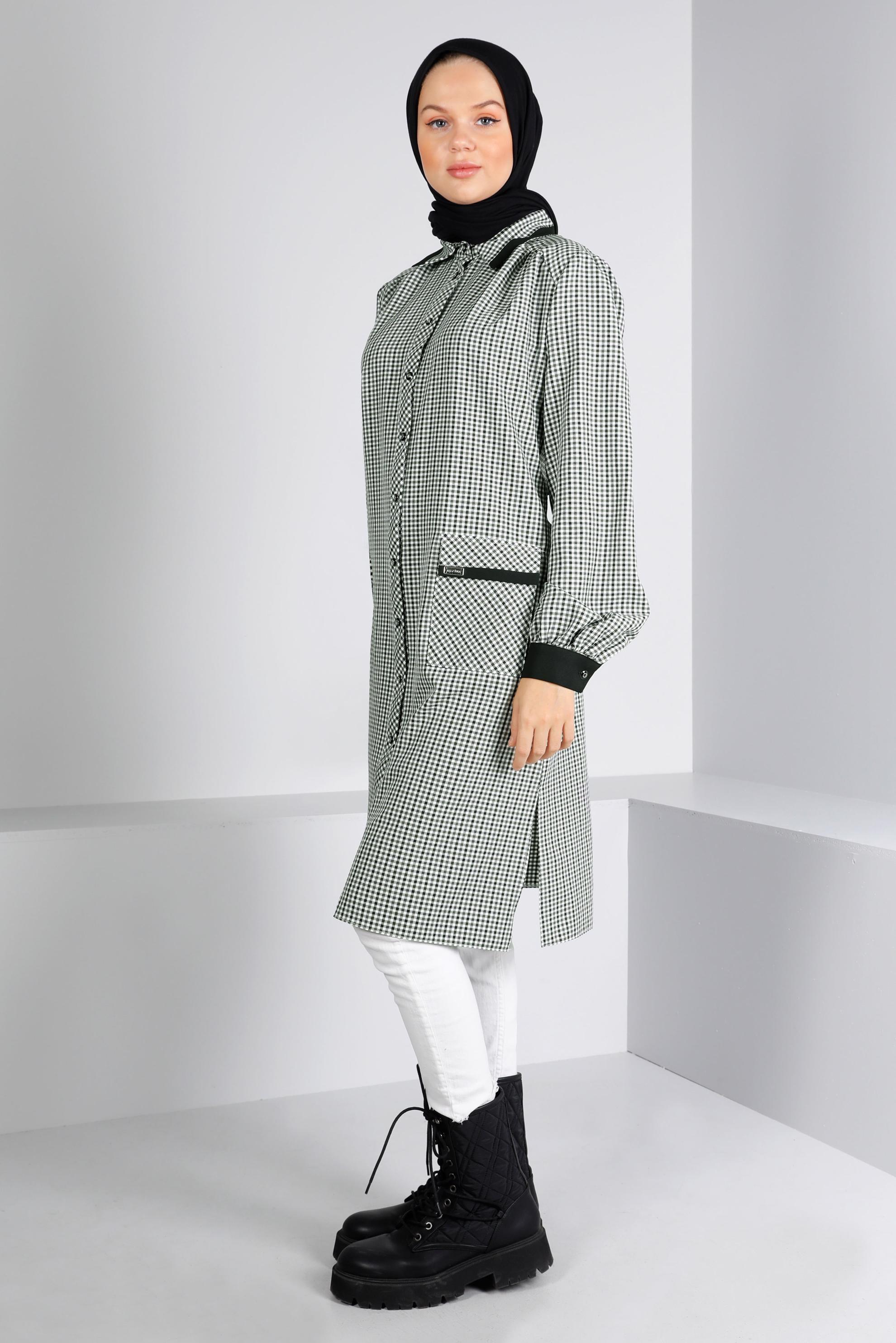 Tesettür giyim HAKİ PÖTİKARE DESEN CEPLİ TUNİK 43313 