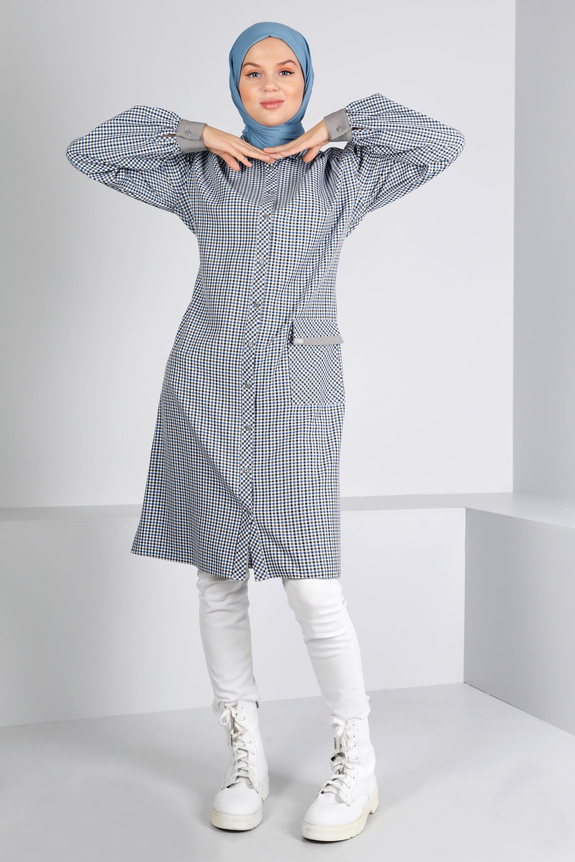 Tesettür giyim LACİVERT PÖTİKARE DESEN CEPLİ TUNİK 43313 