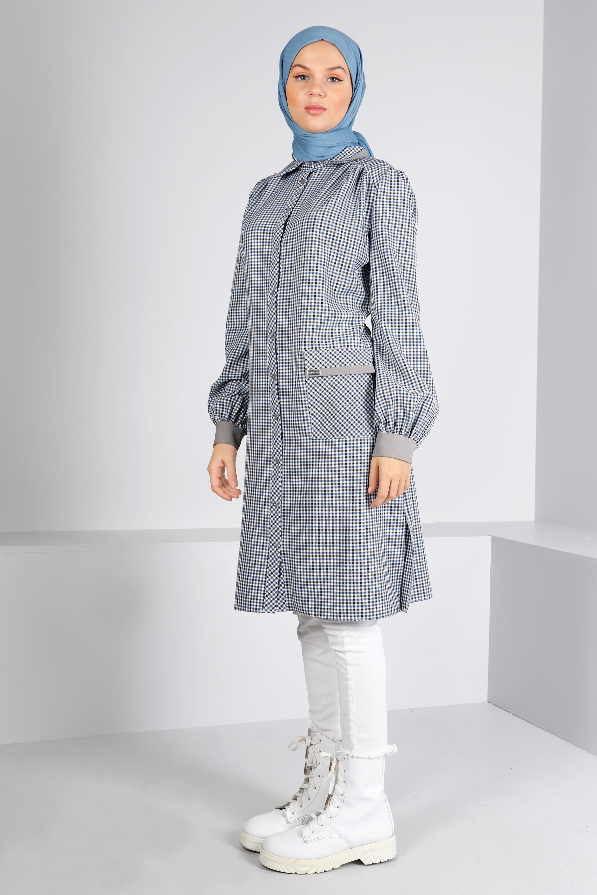 Tesettür giyim LACİVERT PÖTİKARE DESEN CEPLİ TUNİK 43313 