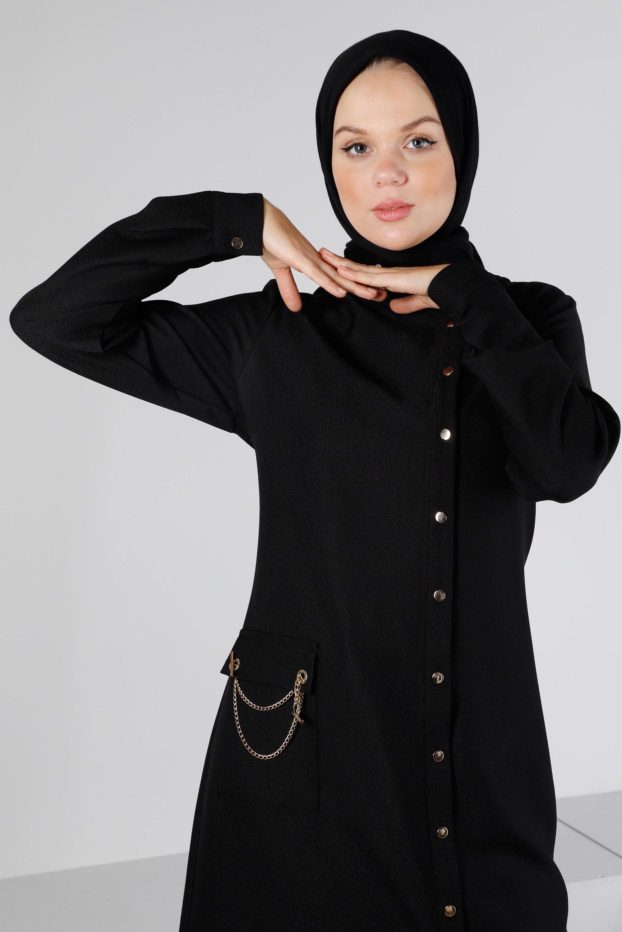Tesettür giyim SİYAH ZİNCİR DETAYLI DÜĞMELİ TUNİK 43314