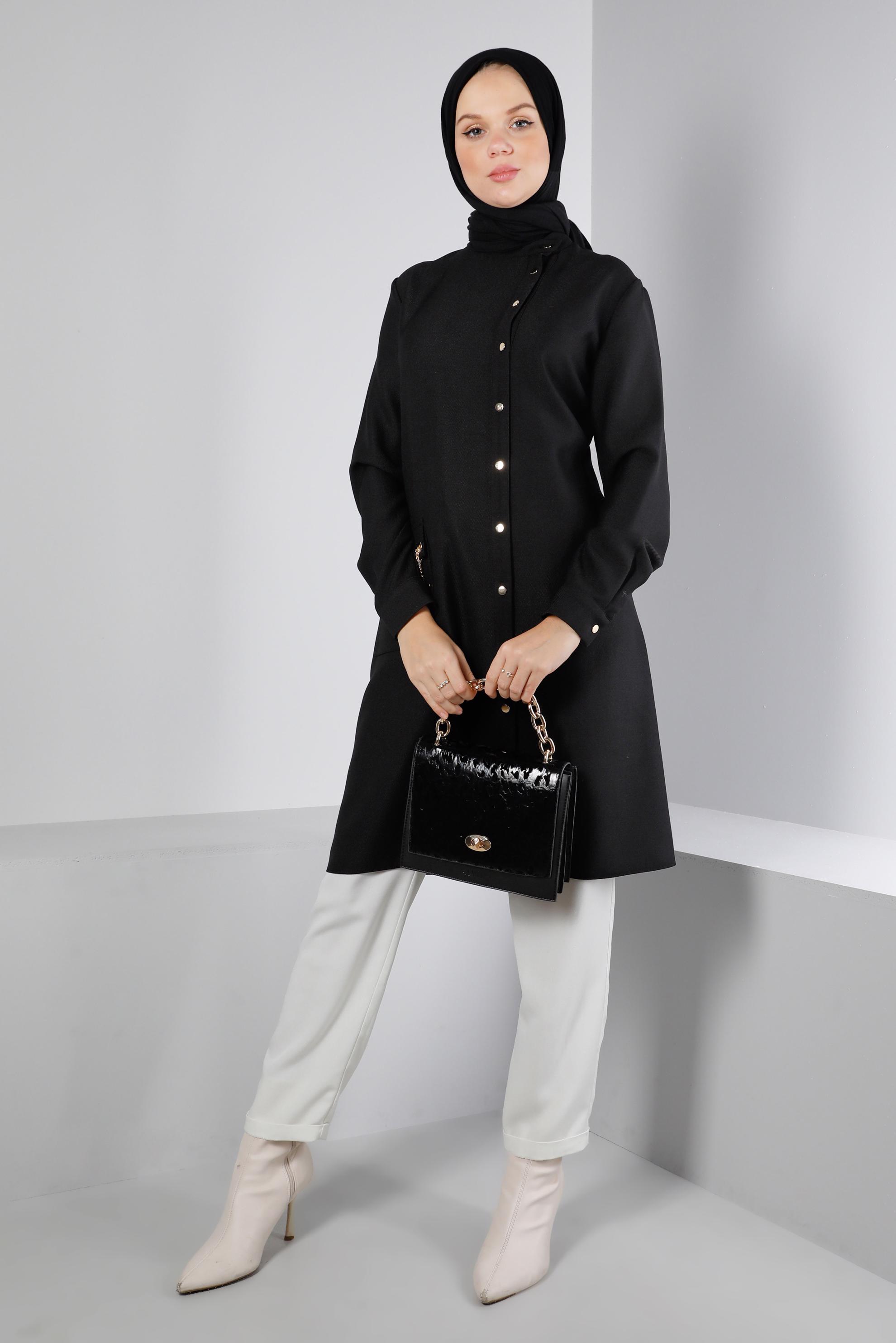 Tesettür giyim SİYAH ZİNCİR DETAYLI DÜĞMELİ TUNİK 43314