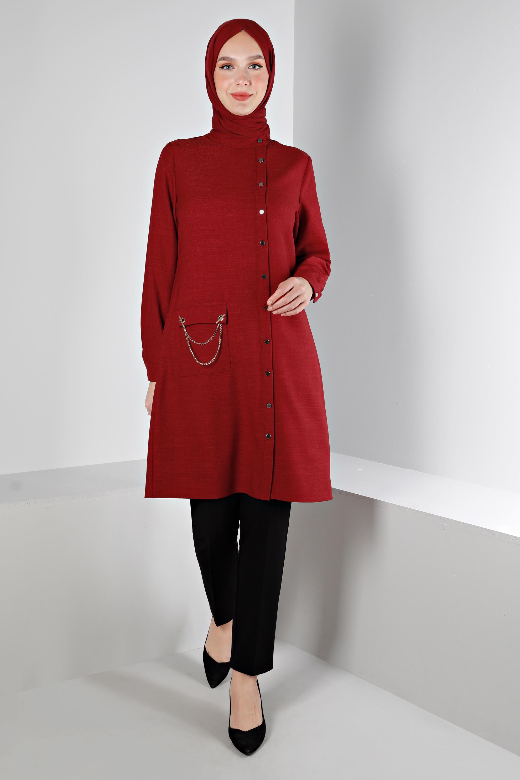 Tesettür giyim KIRMIZI ZİNCİR DETAYLI DÜĞMELİ TUNİK 43314