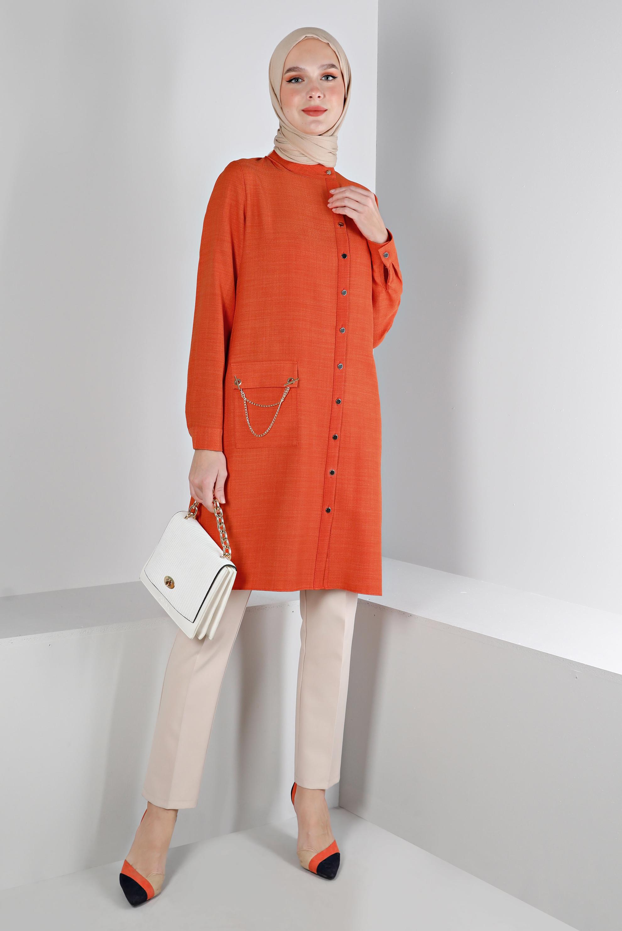 Tesettür giyim TURUNCU ZİNCİR DETAYLI DÜĞMELİ TUNİK 43314