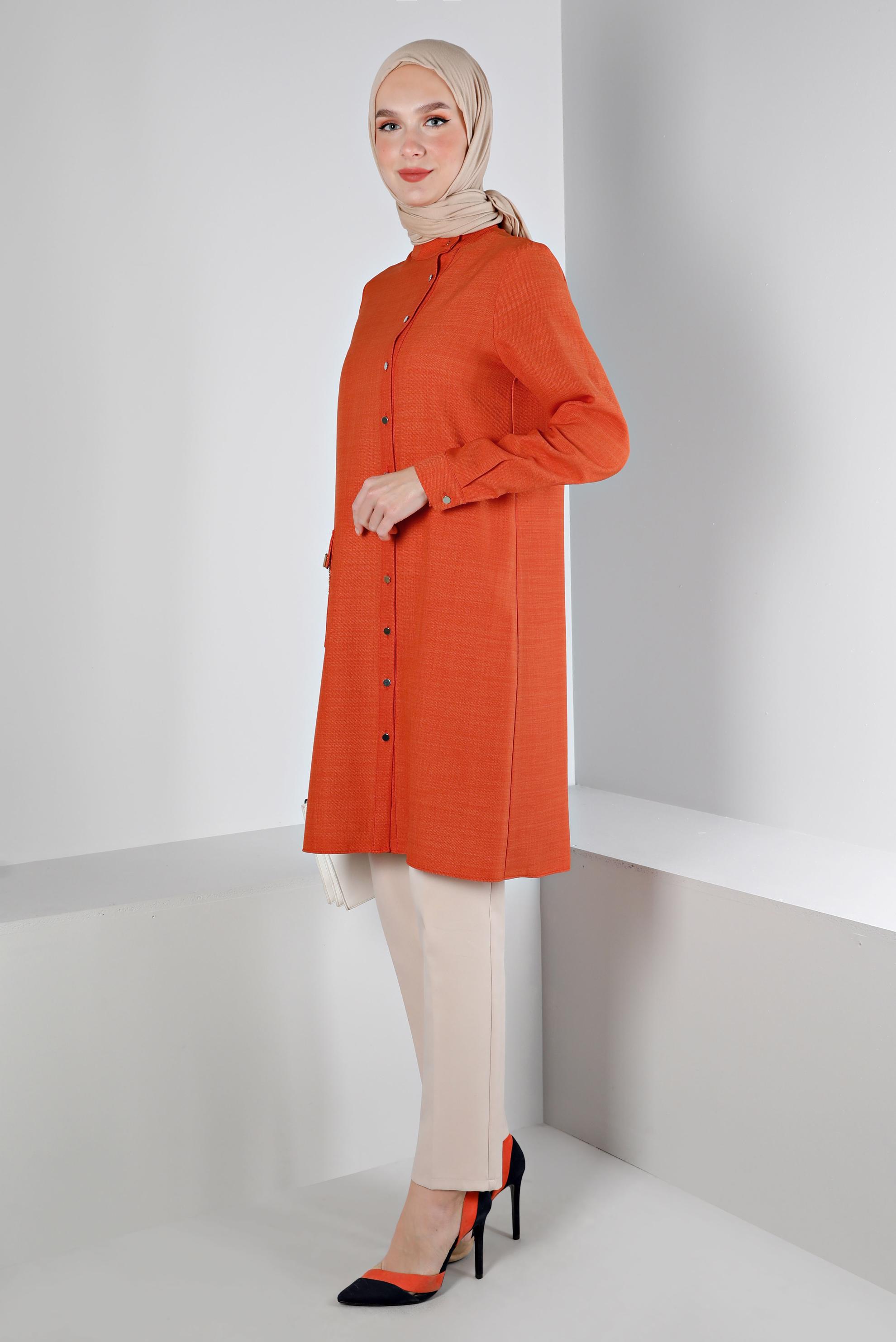 Tesettür giyim TURUNCU ZİNCİR DETAYLI DÜĞMELİ TUNİK 43314