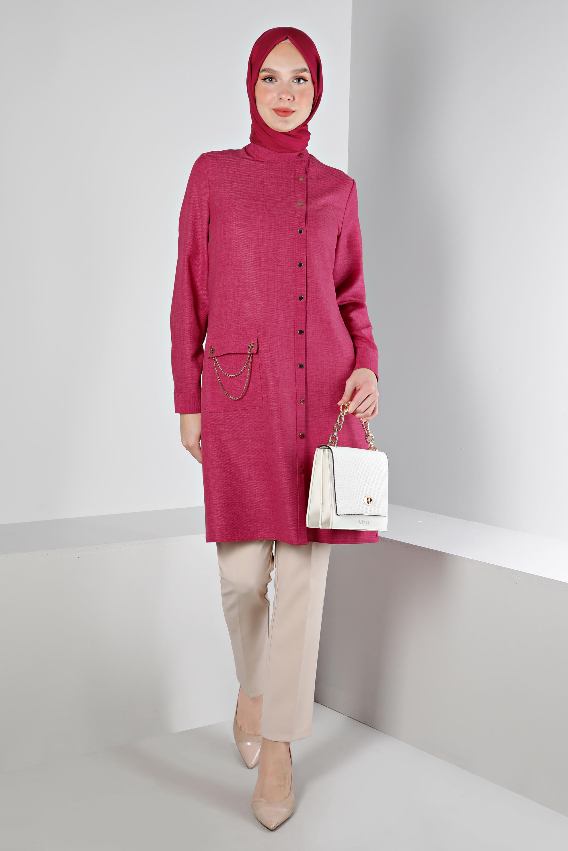 Tesettür giyim FUŞYA ZİNCİR DETAYLI DÜĞMELİ TUNİK 43314