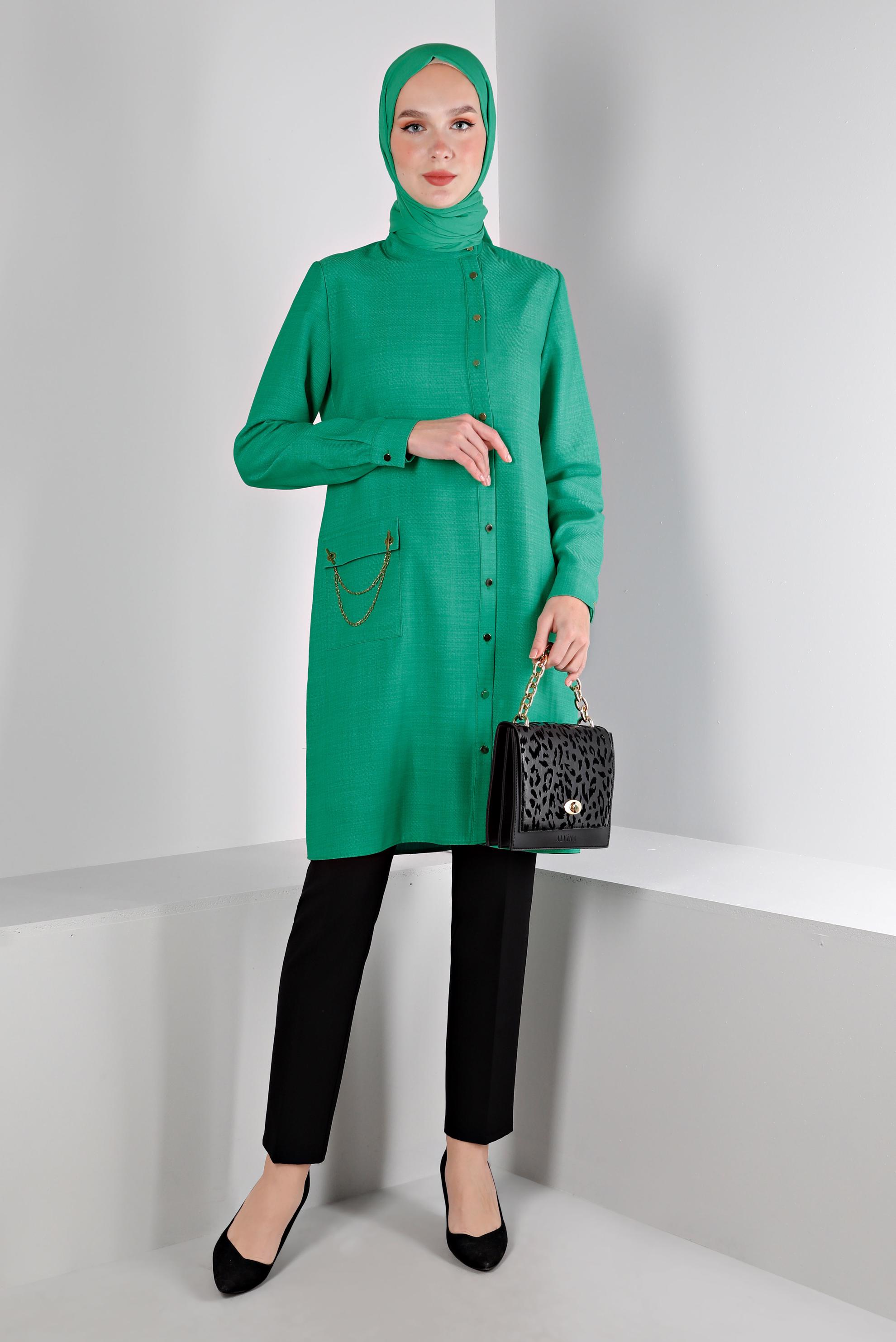 Tesettür giyim YEŞİL ZİNCİR DETAYLI DÜĞMELİ TUNİK 43314