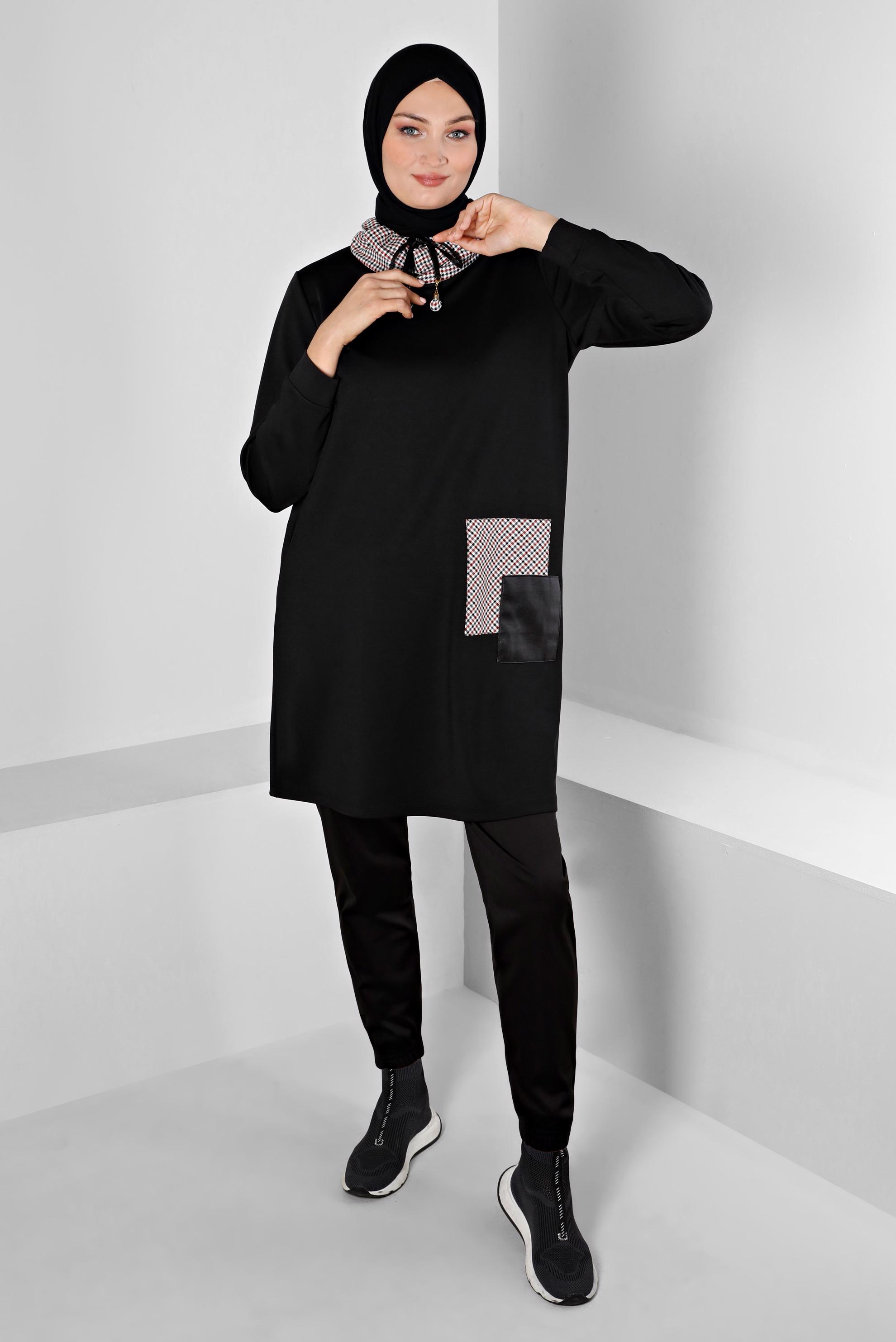 Tesettür giyim SİYAH EKOSE DESEN DETAYLI BAĞCIKLI TUNİK 43321 