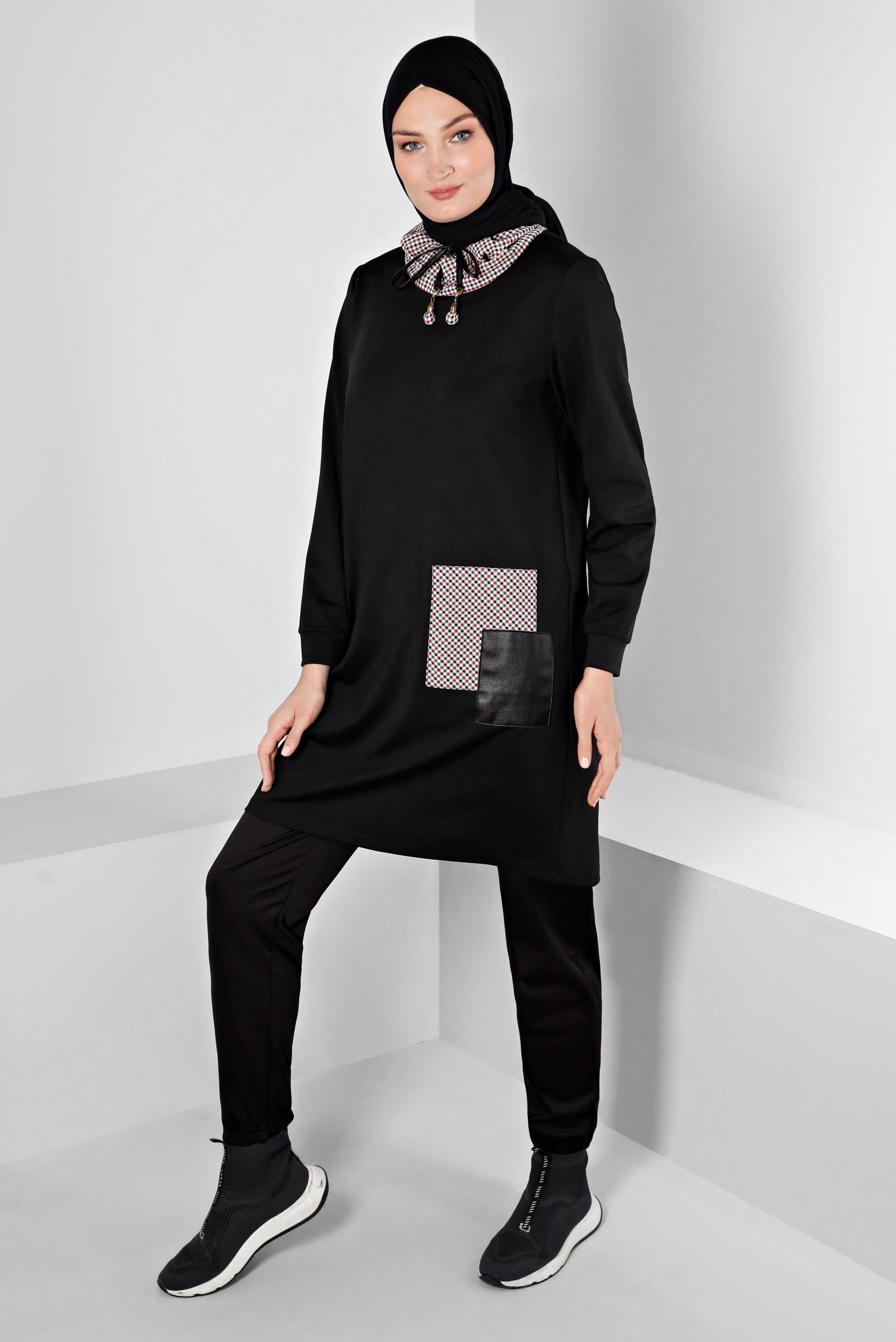 Tesettür giyim SİYAH EKOSE DESEN DETAYLI BAĞCIKLI TUNİK 43321 