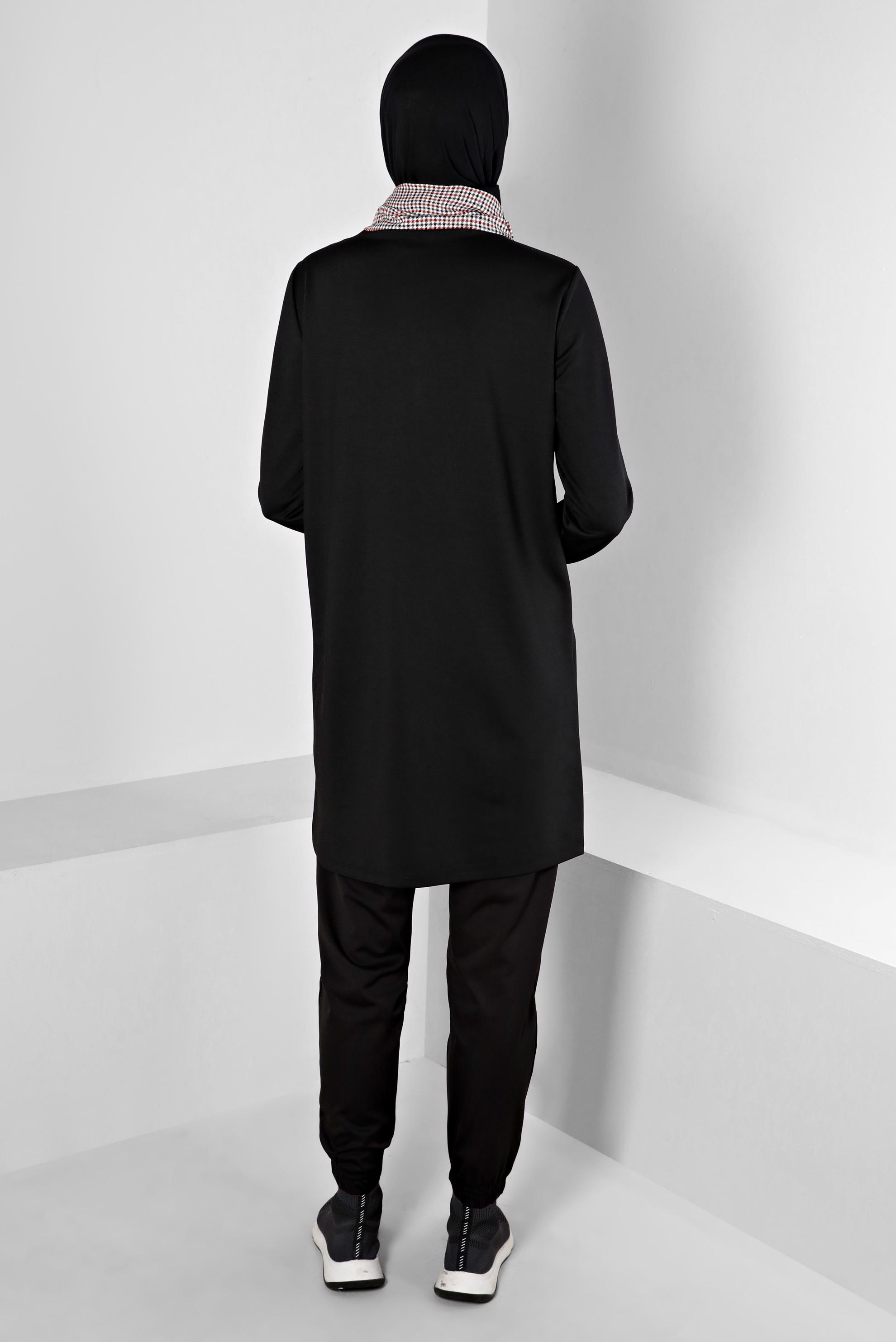 Tesettür giyim SİYAH EKOSE DESEN DETAYLI BAĞCIKLI TUNİK 43321 