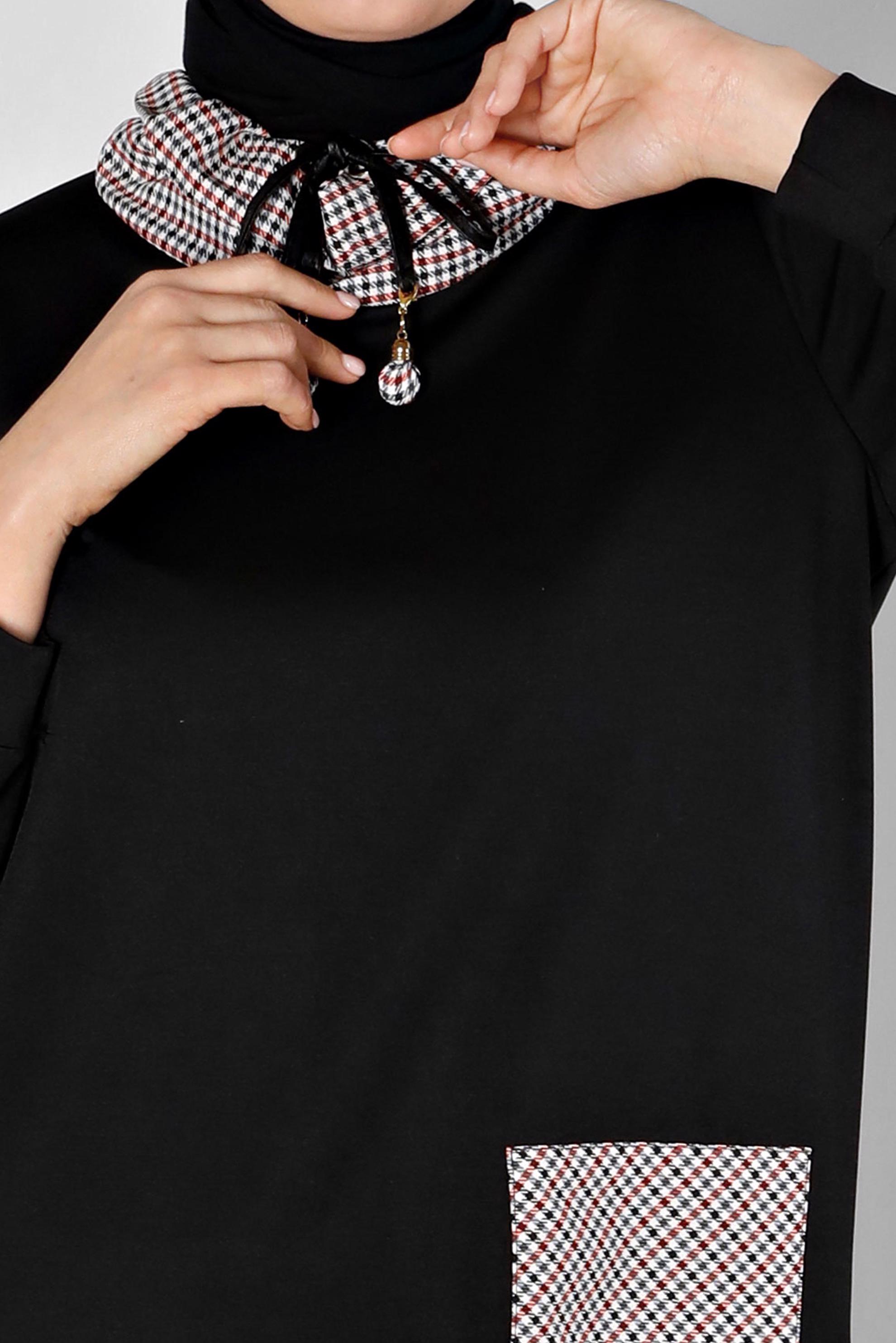 Tesettür giyim SİYAH EKOSE DESEN DETAYLI BAĞCIKLI TUNİK 43321 