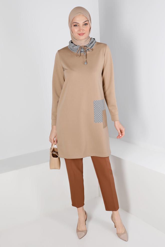 Tesettür giyim  EKOSE DESEN DETAYLI BAĞCIKLI TUNİK 43321  - ALVİNA