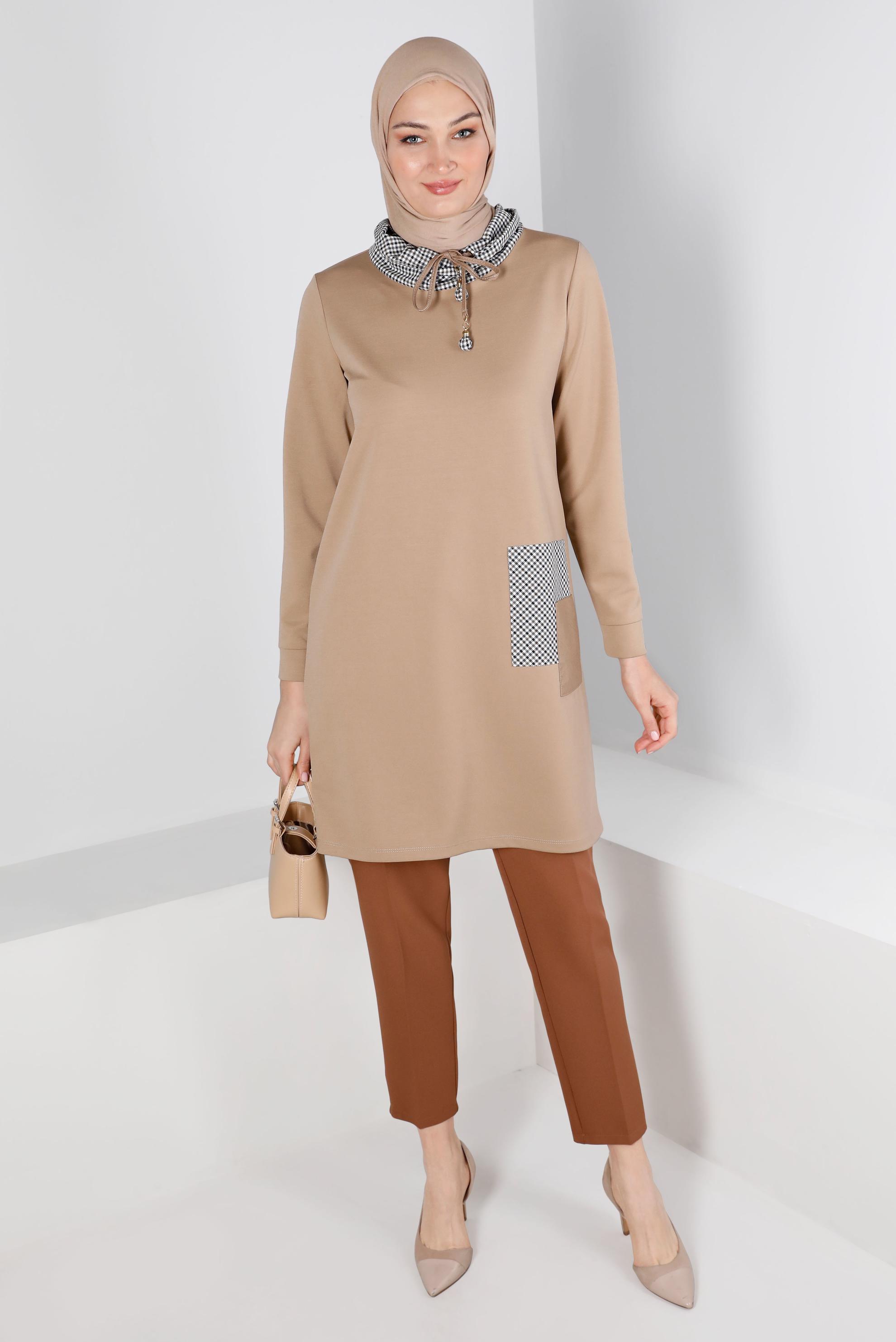 Tesettür giyim BEJ EKOSE DESEN DETAYLI BAĞCIKLI TUNİK 43321 