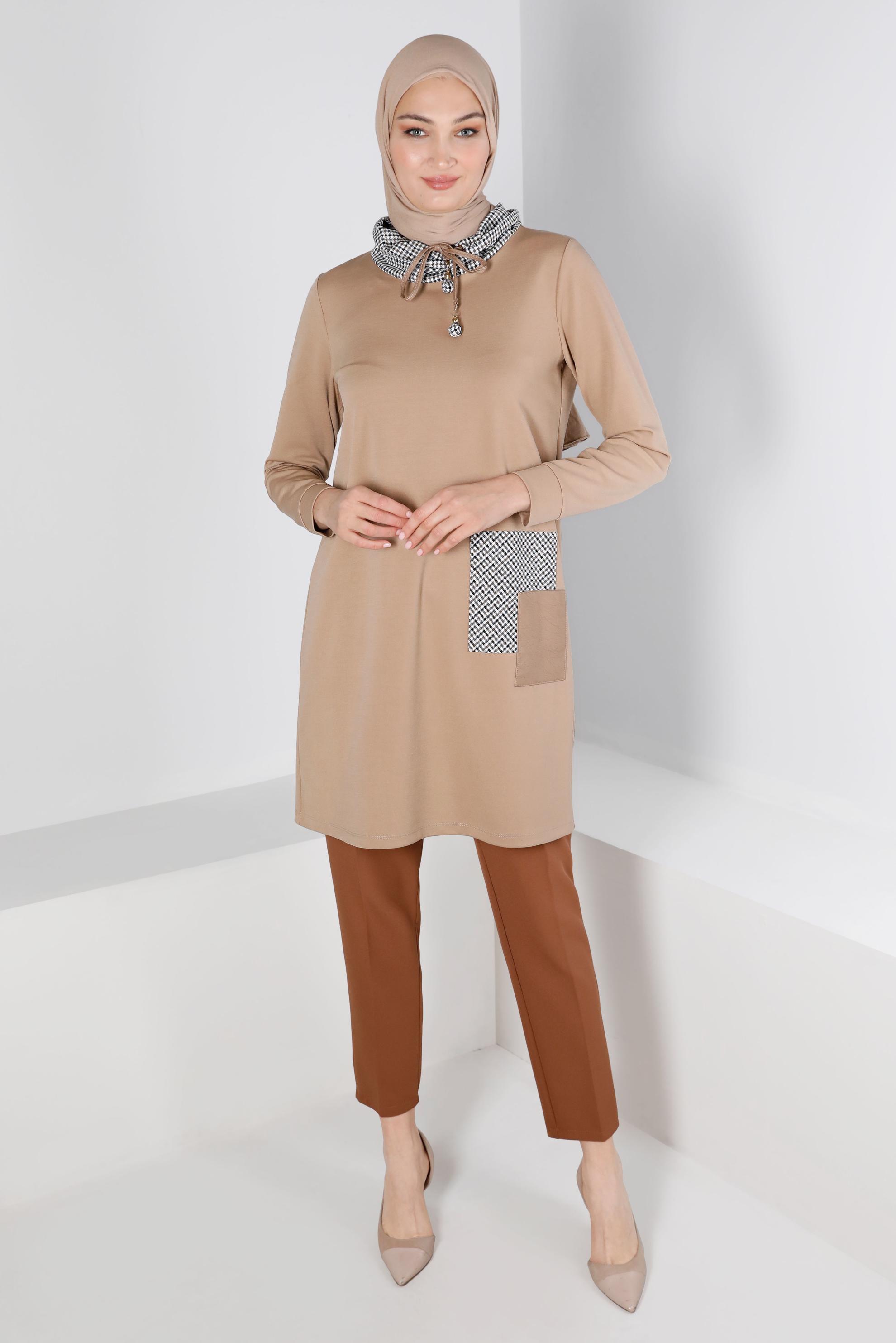 Tesettür giyim BEJ EKOSE DESEN DETAYLI BAĞCIKLI TUNİK 43321 