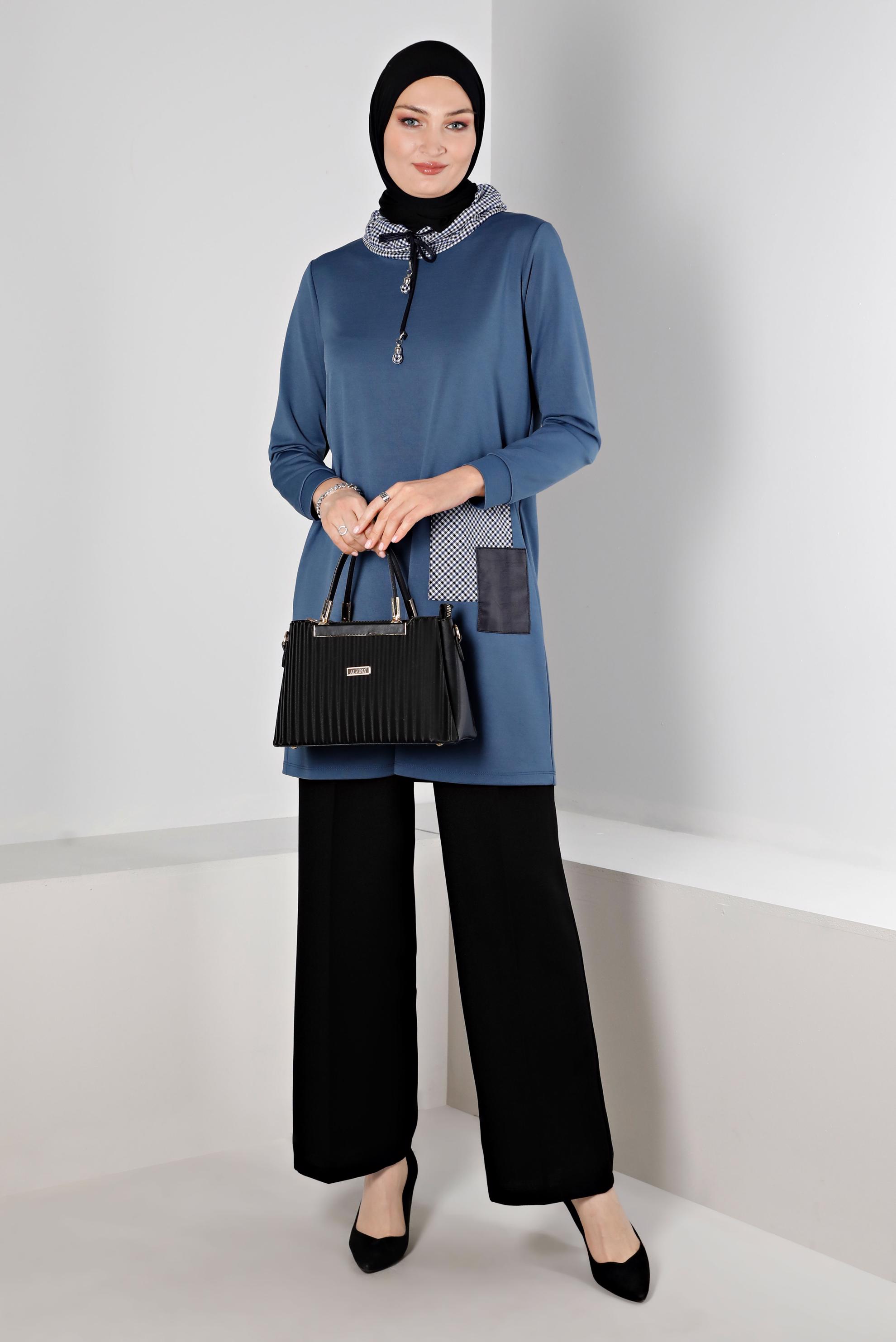 Tesettür giyim LACİVERT EKOSE DESEN DETAYLI BAĞCIKLI TUNİK 43321 