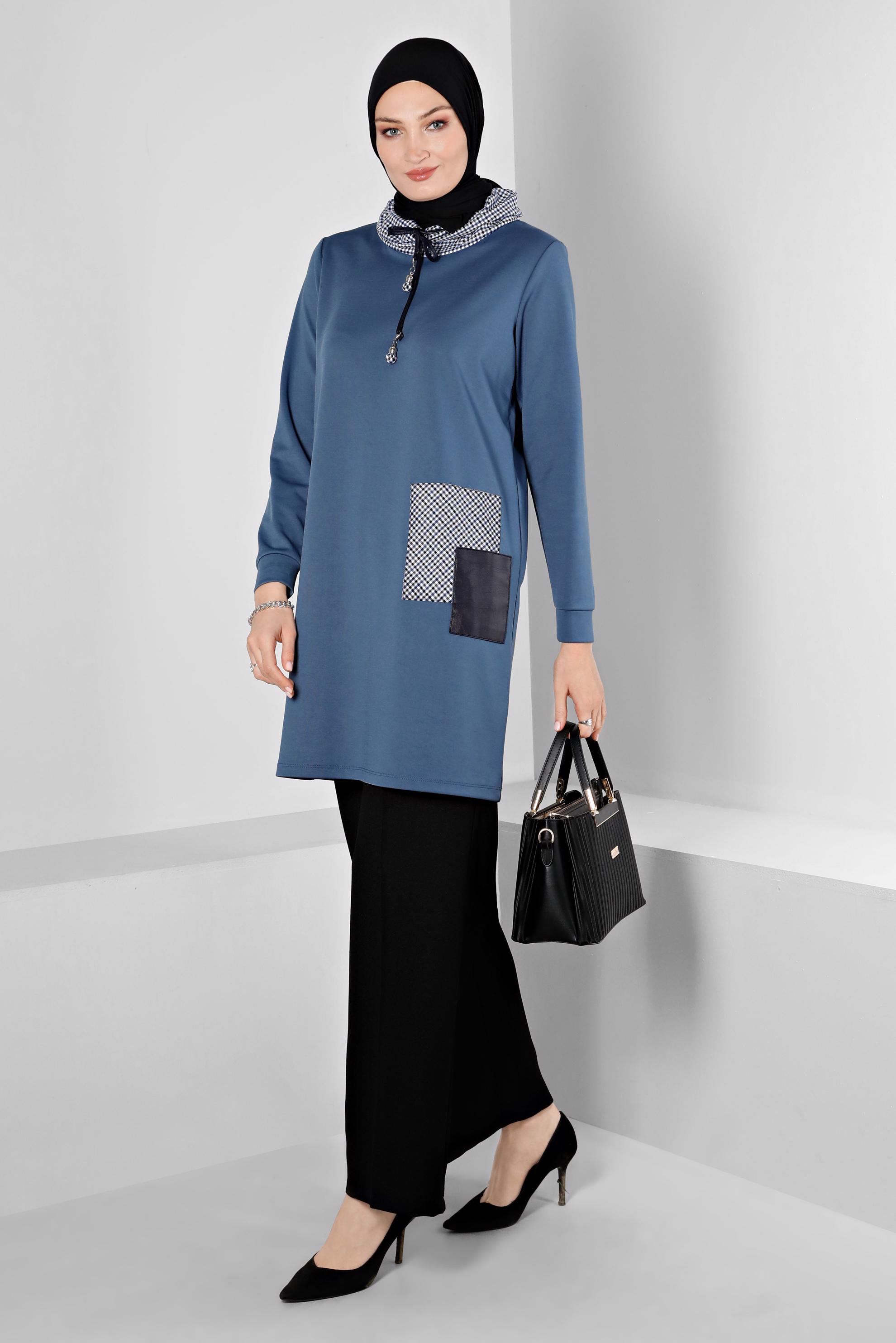 Tesettür giyim LACİVERT EKOSE DESEN DETAYLI BAĞCIKLI TUNİK 43321 