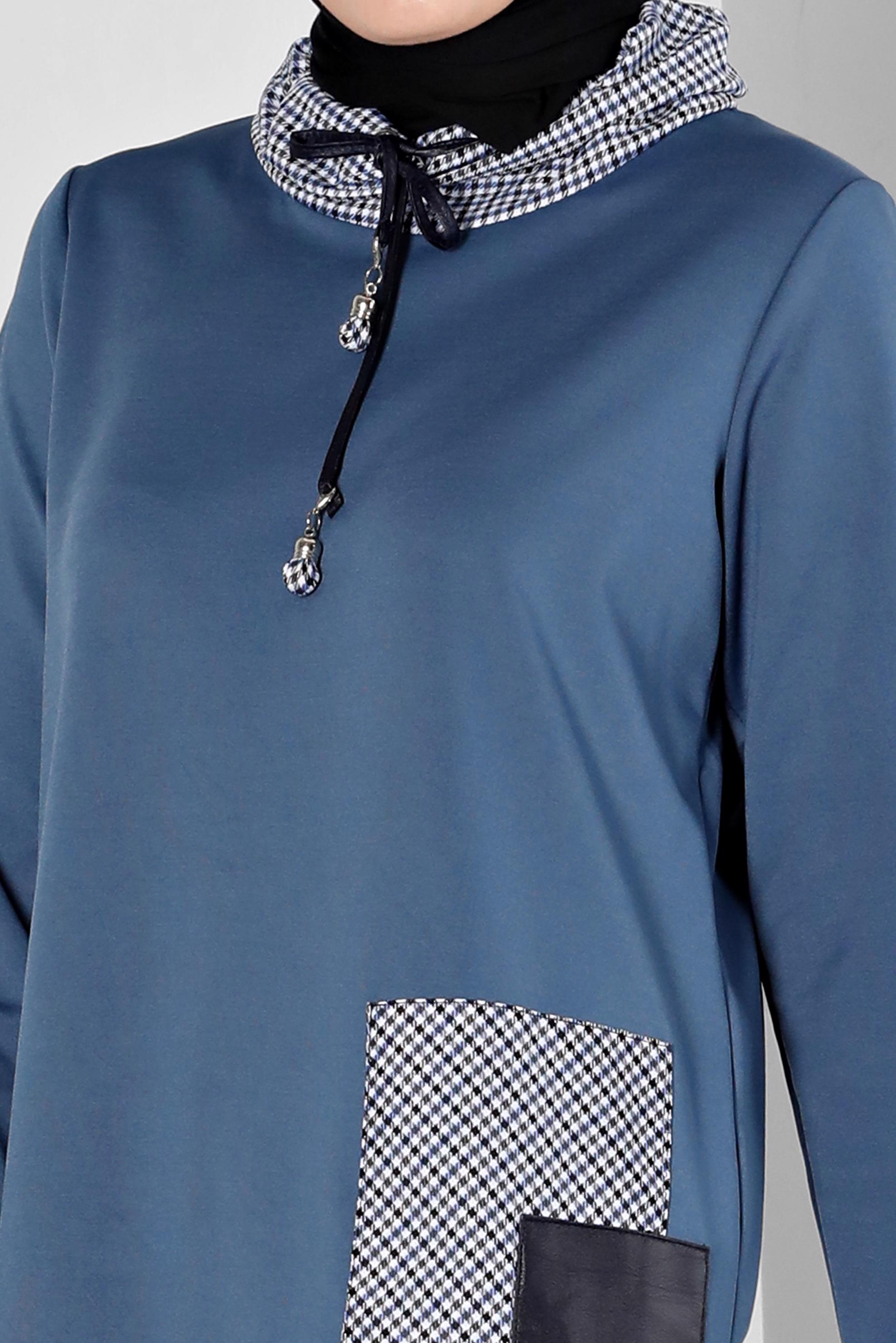 Tesettür giyim LACİVERT EKOSE DESEN DETAYLI BAĞCIKLI TUNİK 43321 