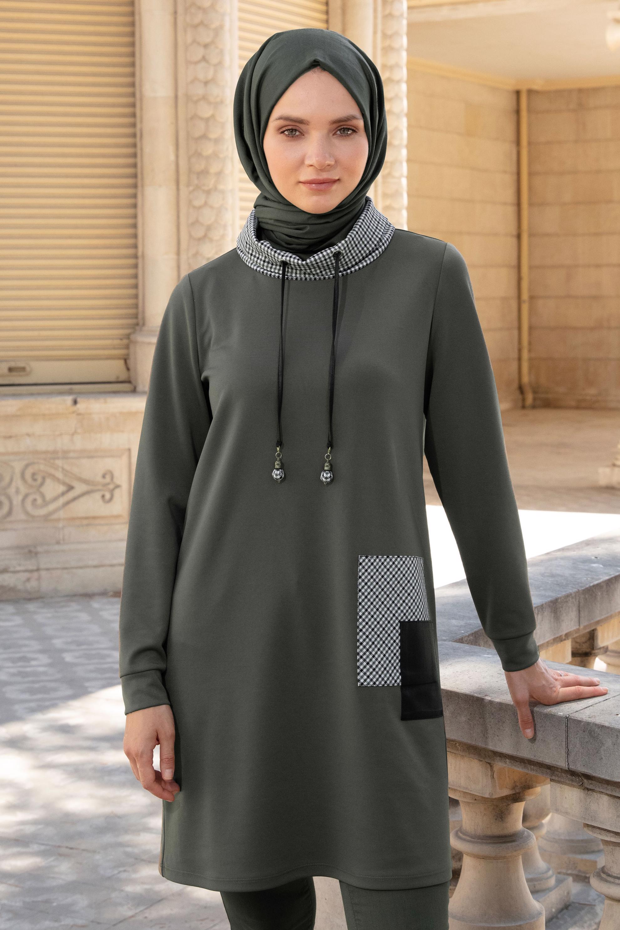 Tesettür giyim HAKİ EKOSE DESEN DETAYLI BAĞCIKLI TUNİK 43321 