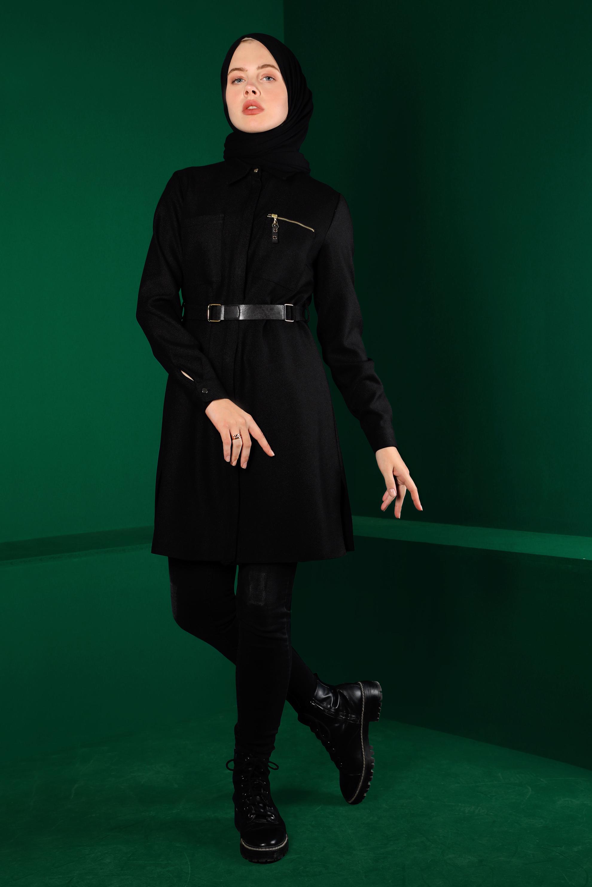 Tesettür giyim SİYAH GİZLİ DÜĞMELİ KEMERLİ TUNİK 43324 